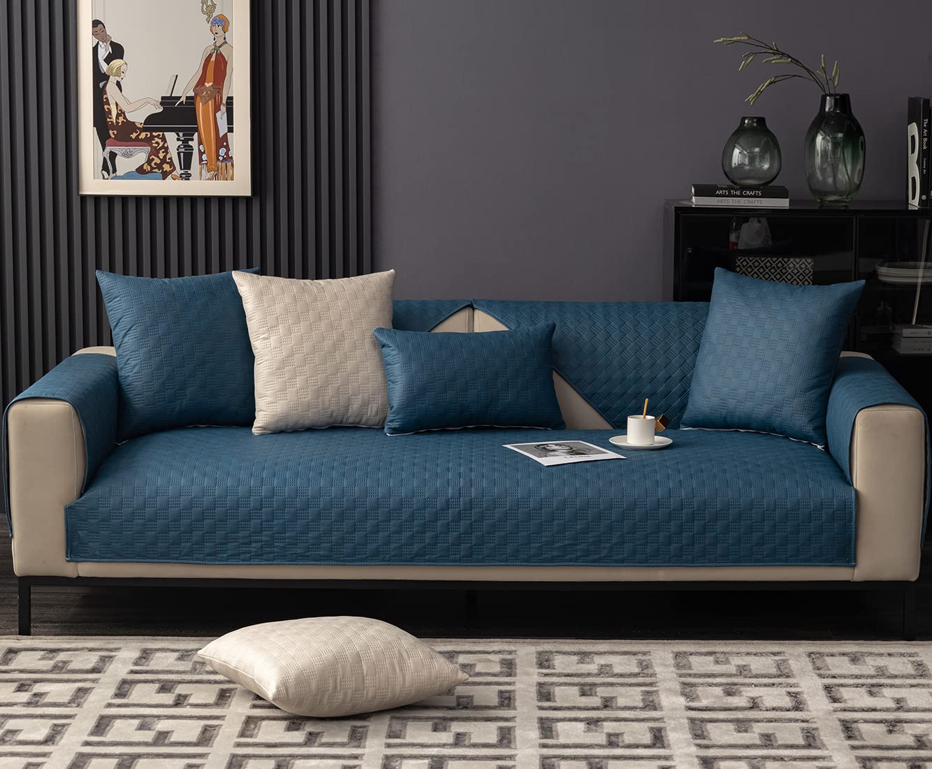vctops Luxury Water Resistant Quilted Sofa Cover Faux Suede Plaid Sectional Couch Cover Anti-Slip Sofa Slipcover for Dogs, Children, Pets Furniture Protector (Dark Blue,36"x36")