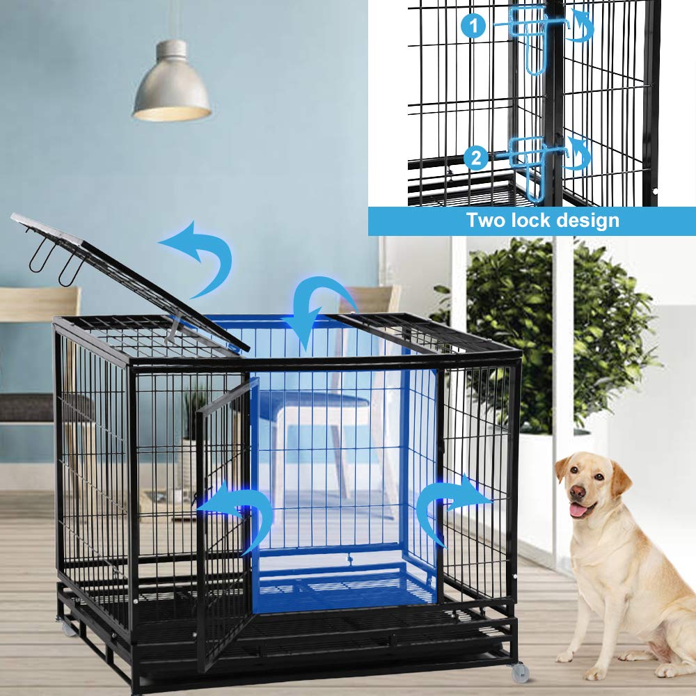 48" Heavy Duty Dog Crate – Large Metal Dog Cage with Lockable Wheels, Double Door & Tray – Secure Indoor Outdoor Kennel Playpen for Training – Strong Pet Enclosure, Black