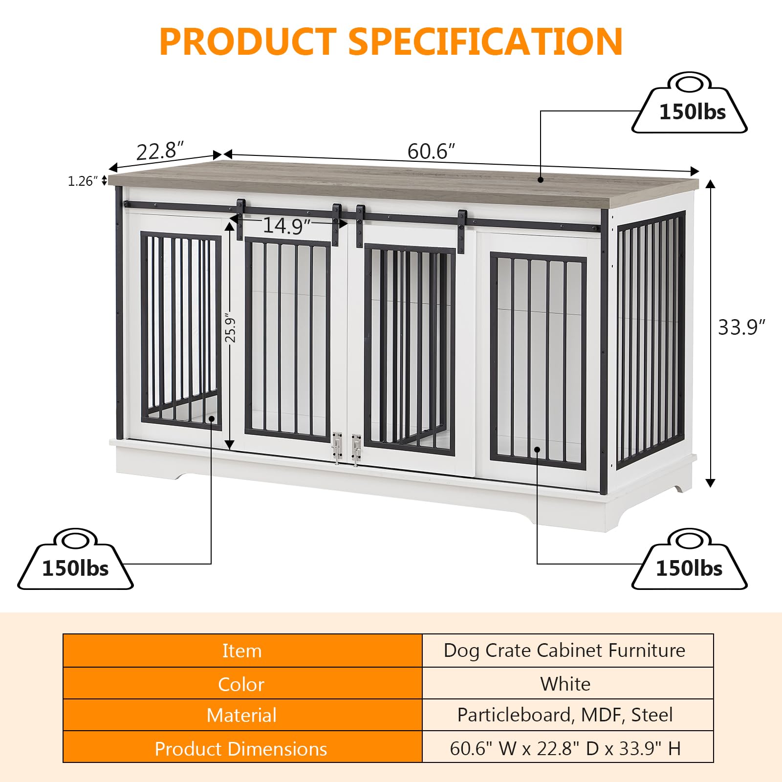 Yafylly 60.6 Inch Double Dog Crate with Divider, 2-in-1 Heavy Duty Dog Crate TV Stand with 2 Sliding Doors and Thick Iron, Indoor Dog House for 2 Dogs (White)