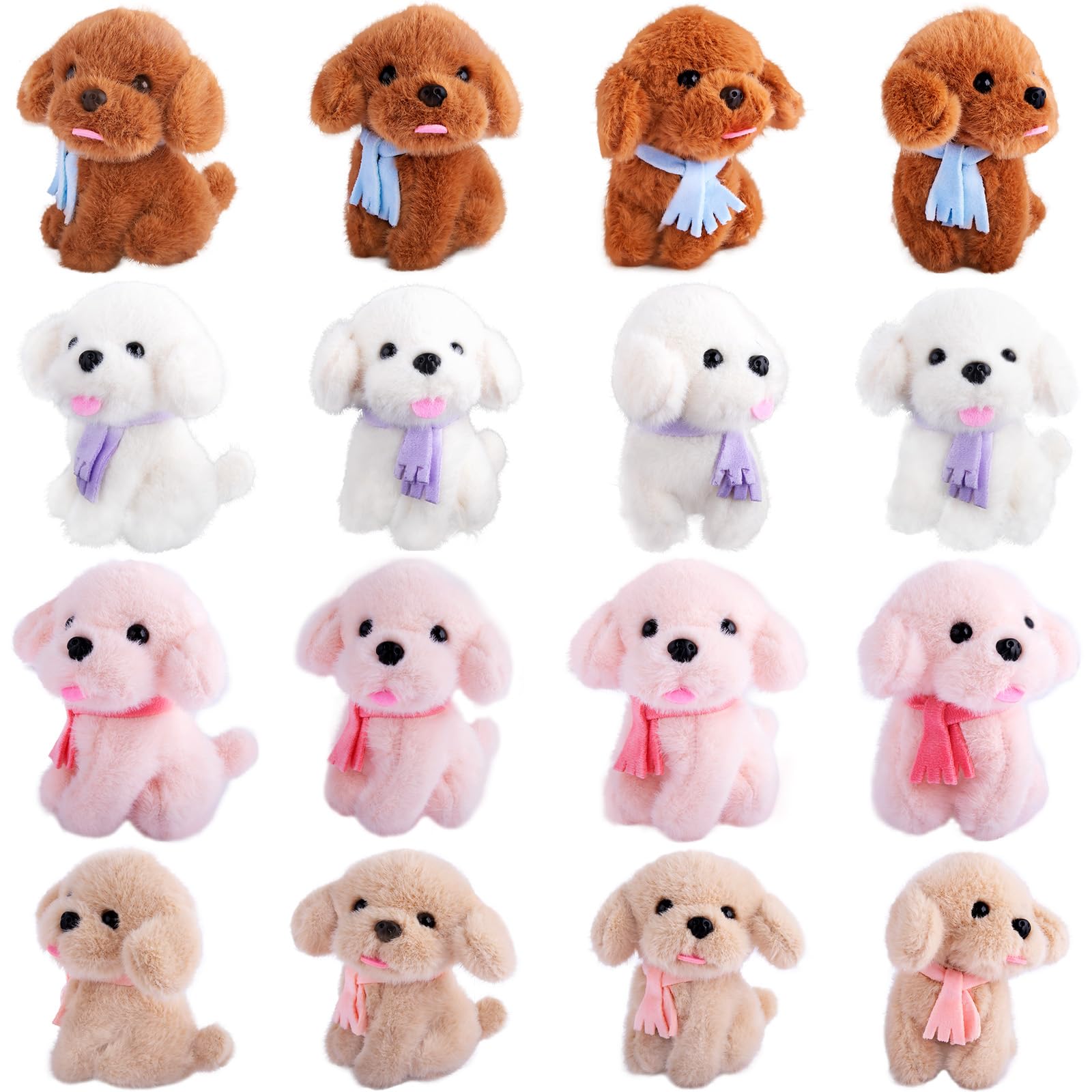 Niceup 12PCS Scarf Dog Stuffed Animals 4.5in Small Sitting Puppy Plush Pet Adoption Party Favors White Pink Khaki Brown Pup Toys for Kids Adult Gift Halloween Costume Christmas Stock Stuffers
