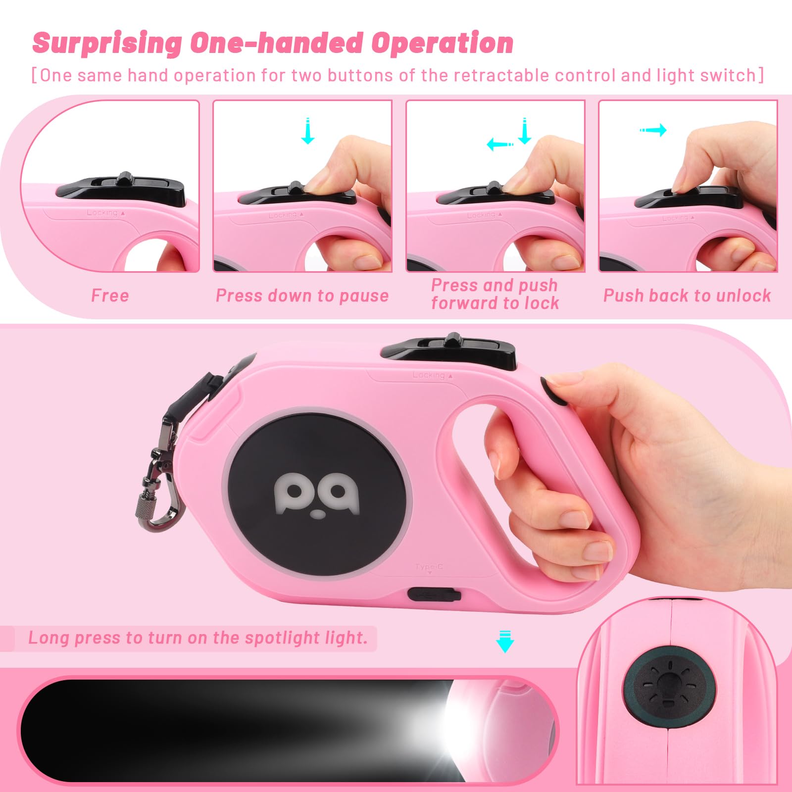 QQPETS Retractable Dog Leash with Rechargeable LED Light - 16 ft Strong Nylon Tape for Night Walks up to 88lbs Pet - 360° Tangle-Free One-Handed Brake, Pause, Lock (Pink)