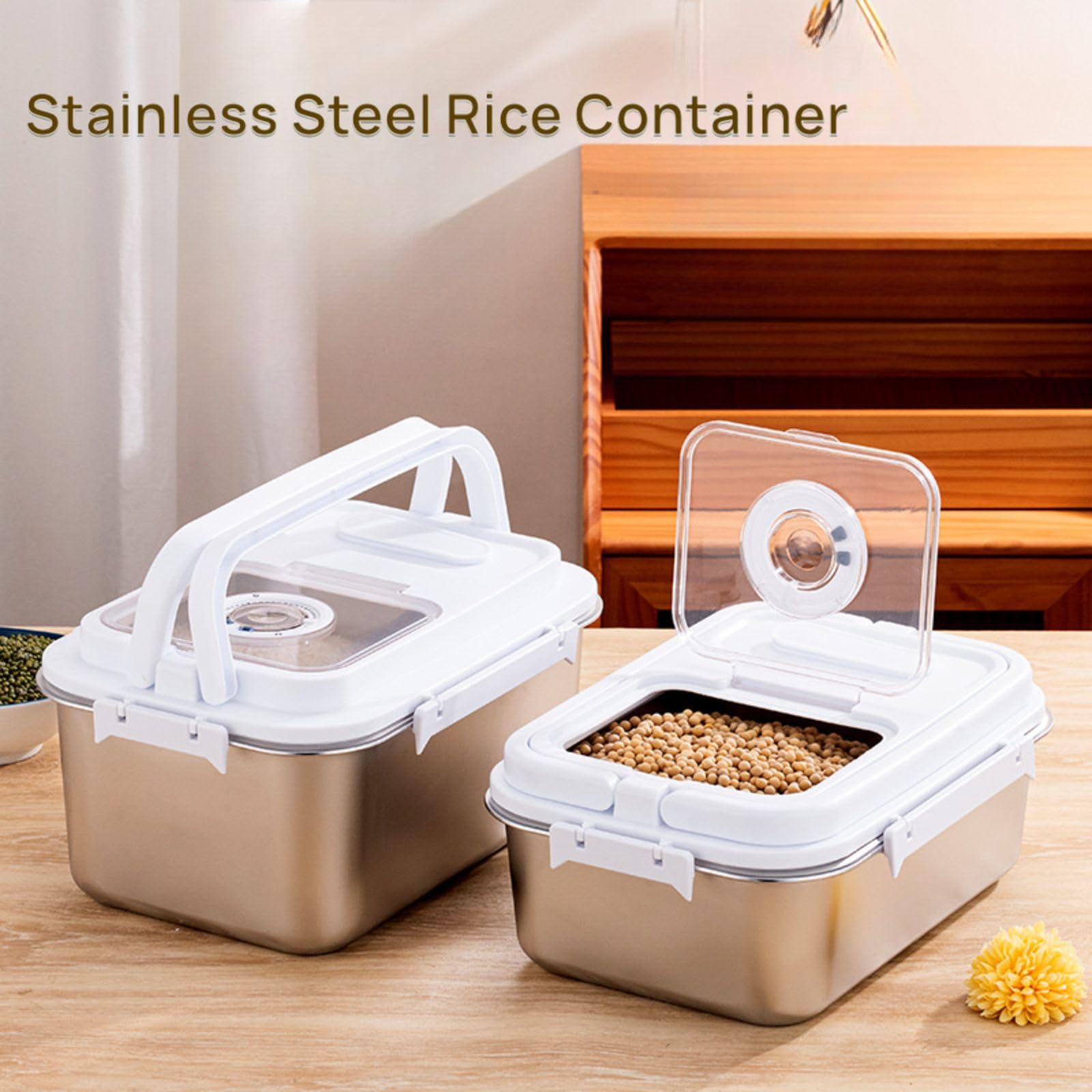 Saim Rice Containers Stainless Steel, Metal Flour Storage Container with Silicone Airtight Lid and Scoop, Measuring Cup/Portable Rice Dispenser for Dry Beans,Oatmeal and Grains (20Lbs)