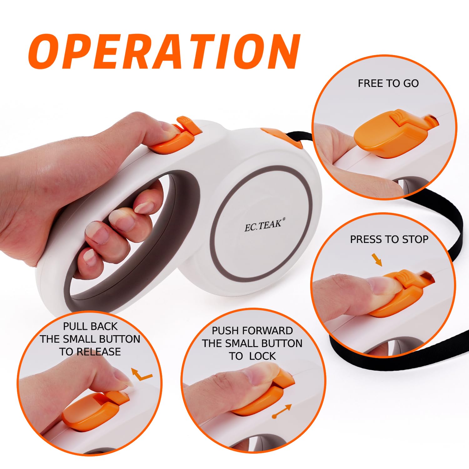 Retractable Dog Leash, 16 FT/26 FT Dog Leash Retractable for Small/Medium/Large Dogs up to 110 lbs, Strong Nylon Tape, Tangle Free, One-Hand Brake (White/Orange, Large)