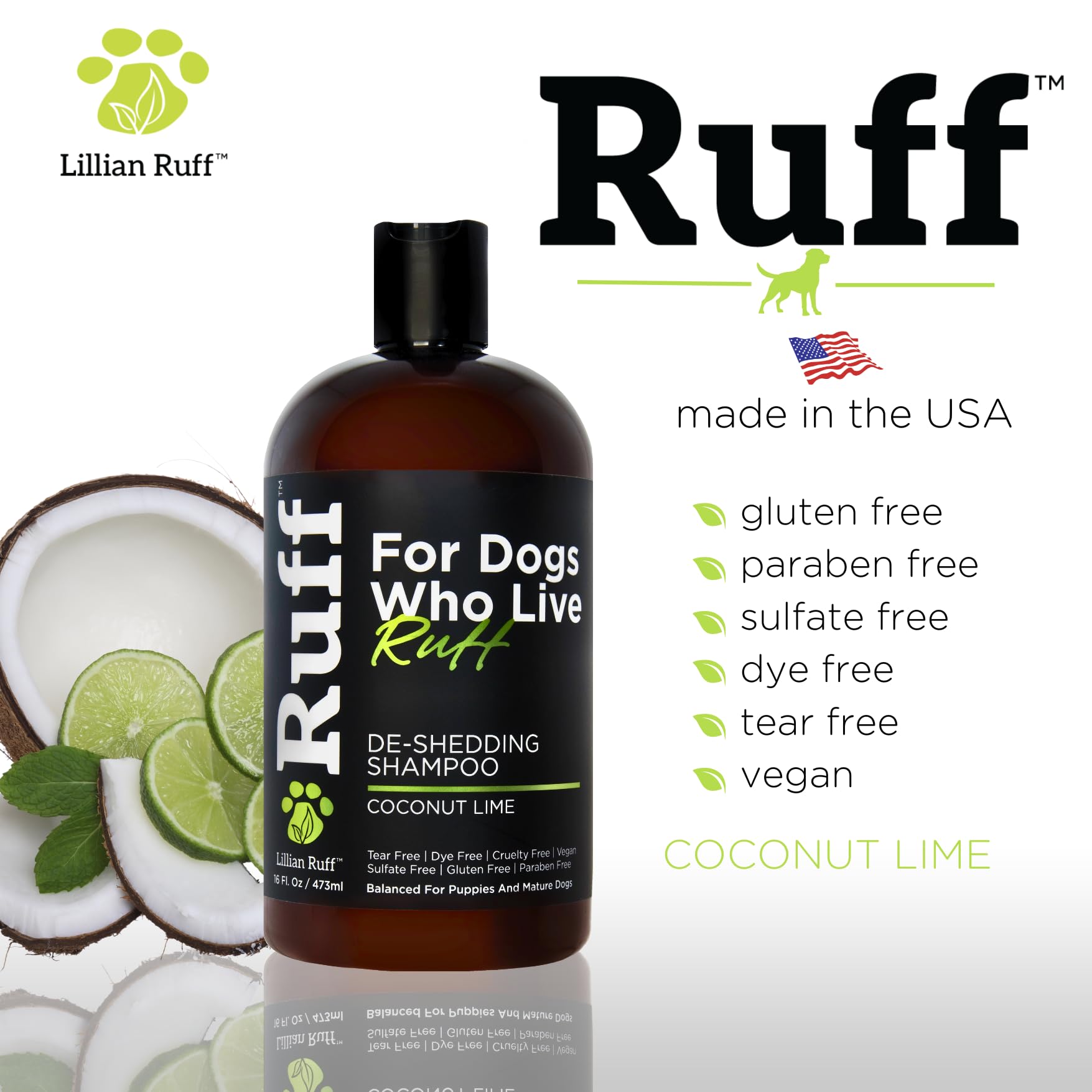 Ruff by Lillian Ruff Deshedding Dog Shampoo | Coconut Lime | Vitamin E, Omega-3, Aloe & Coconut Oil | Relieves Shedding, Itching & Hot Spots | Moisturizing & Deodorizing | Safe for Puppies | USA Made