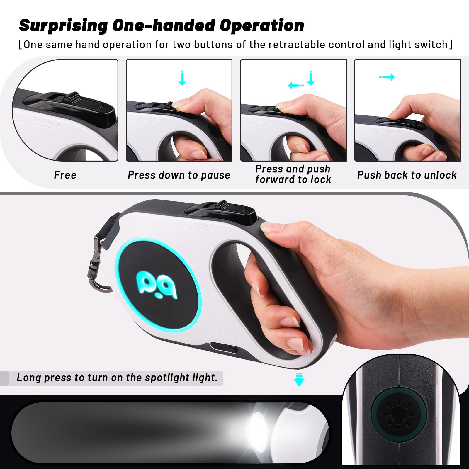 QQPETS Retractable Dog Leash with Rechargeable LED Light - 16 ft Strong Nylon Tape for Night Walks up to 88lbs Pet - 360° Tangle-Free One-Handed Brake, Pause, Lock (White)