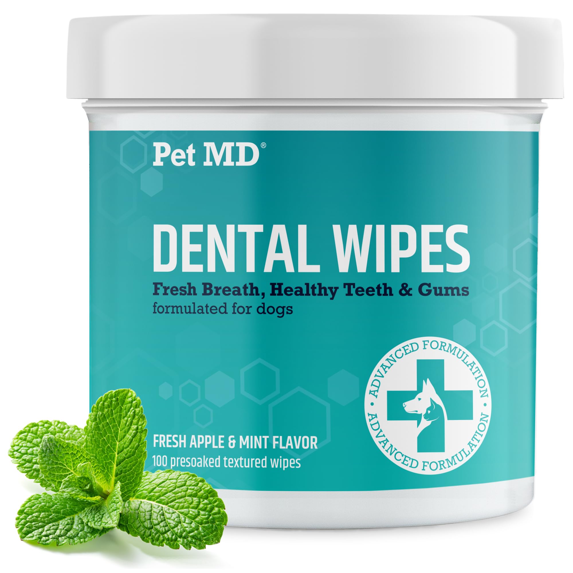 Pet MD Dog Breath Freshener Dental Wipes for Dogs - Tartar and Plaque Remover for Teeth Cleaning - Fresh Apple & Mint Scent Bad Breath Treatment for Dogs - 100 Count