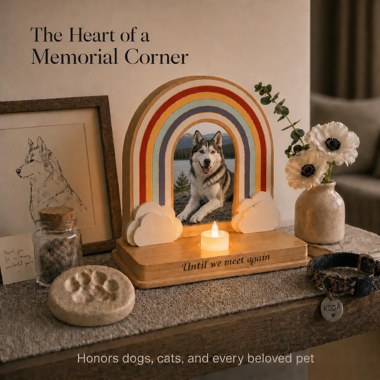 Dog Memorial Gifts for Loss of Dog | Premium Rainbow Bridge Pet Memorial Picture Frame for 4x6 Photo, LED Candle, Sympathy Card, Gift Box | Sympathy Gift for Pet Loss, Keepsake in Memory of Pet