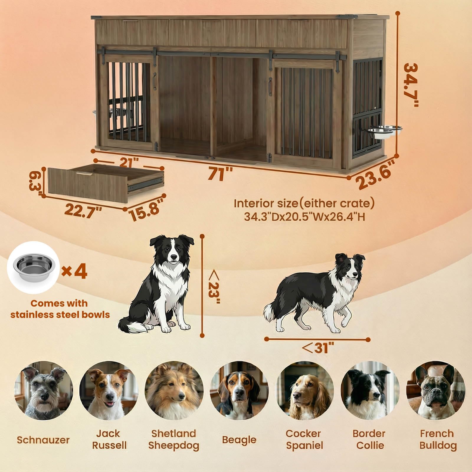 71'' Dog Crate Furniture for 2 Dogs, Wooden Double Dog Kennel with Removable Divider & 360° Rotating Feeder, 3 Fluted Drawers, Charging Station, TV Stand or Side Table (White)