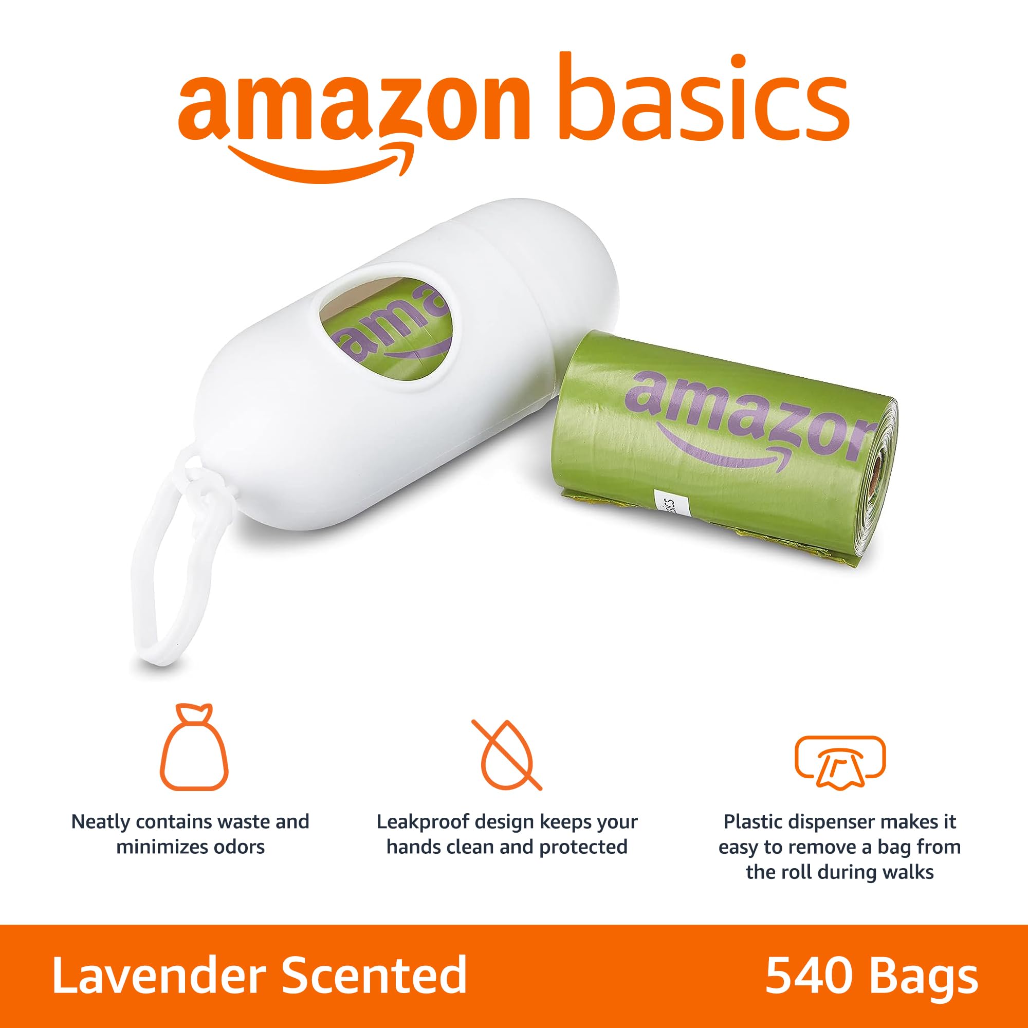 Amazon Basics Premium Leak Proof Dog Poop Bags with Dispenser and Leash Clip, Lavender Scented, 13" x 9", 540 Count (36 Rolls of 15)