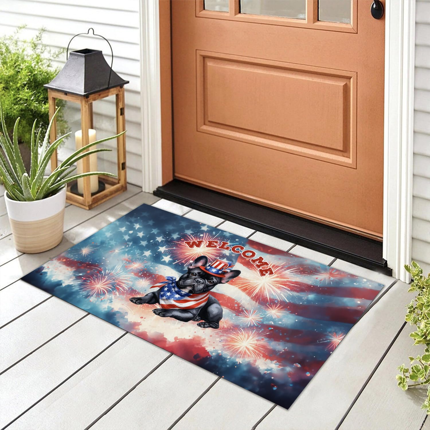 Ninety3POD French Bulldog Patriotic Welcome for 4Th of July Independence Day Doormat Dog Lover Gifts Indoor Outdoor Welcome Mat - 00010