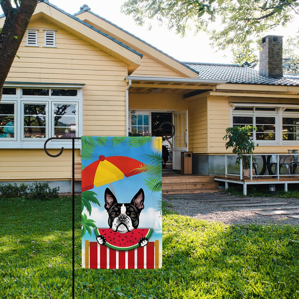 MALIHONG Summer Time Watermelon Flag Peeking Dog Boston Terrier House Flag Double Sided Yard Outdoor Decorative Summer Beach Holiday Flag 28 x 40 Inch