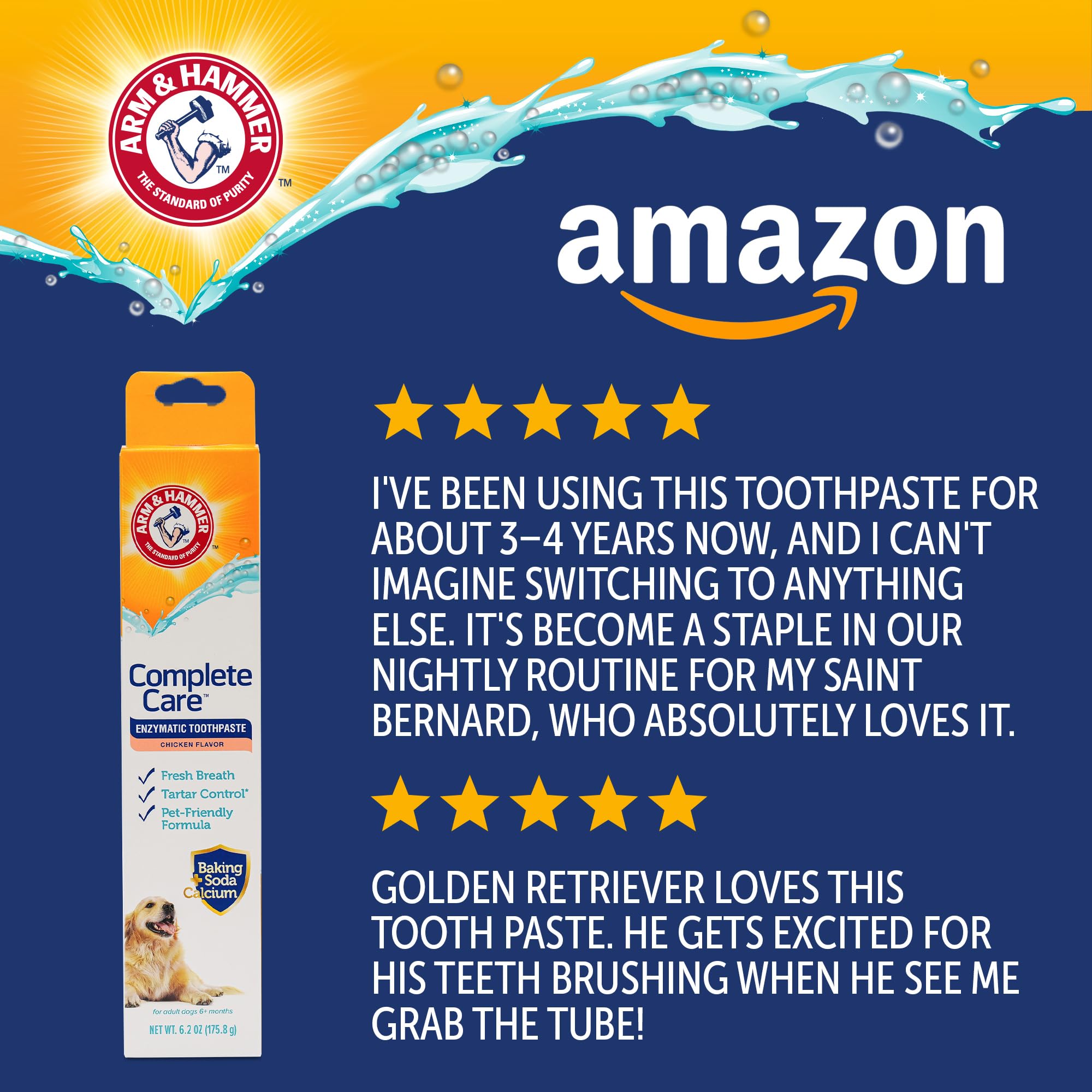 Arm & Hammer Complete Care Enzymatic Dog Toothpaste with Baking Soda and Calcium, Fluoride-Free Chicken Flavor for Plaque, Tartar, and Fresh Breath, 6.2 Oz Value Size