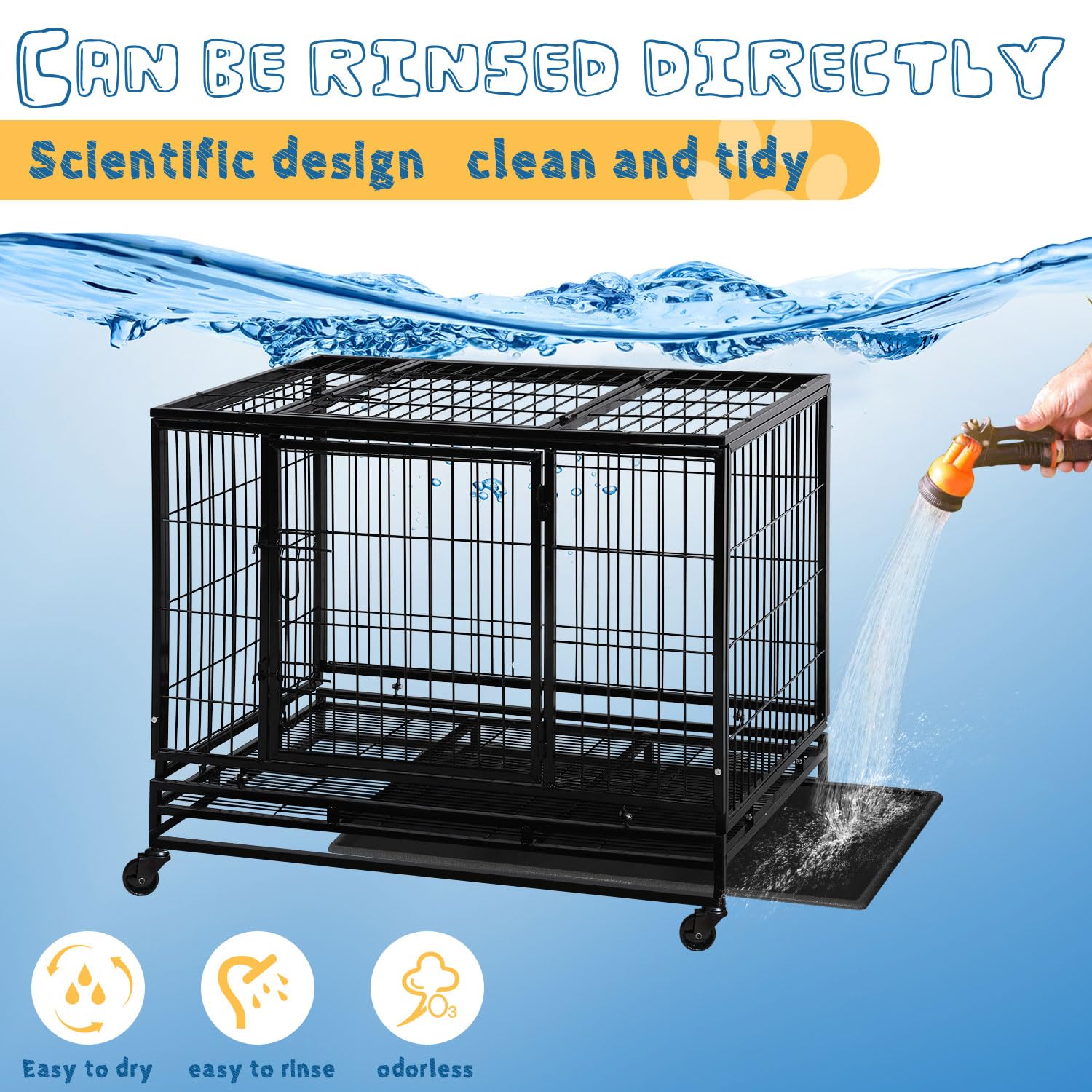 48 Inch Large Dog Crate Dog Kennel Indoor Outdoor Big Cage Dog Crates for Large Medium Small Dogs Heavy Duty Dog Crate Indestructible XXL XL Metal Pet Cage with Wheels Tray Double Door