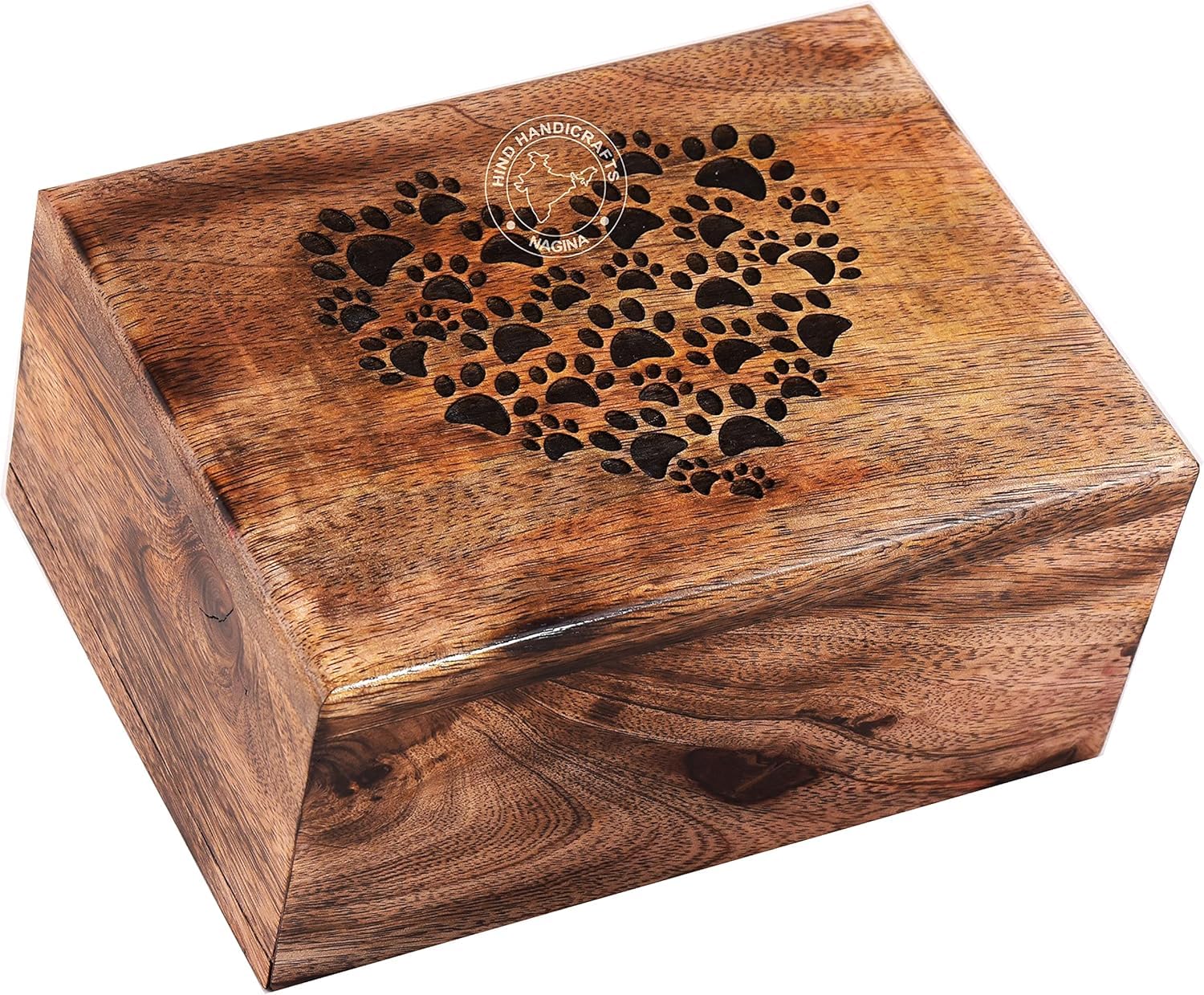 Hind Handicrafts Antique Paw Engraved Mangowood Pet Urn for Dogs Cats Memorial Keepsake Urns for Ashes, Photo Wooden Box Cremation Urn (100 Cubic in, Heart Paw)