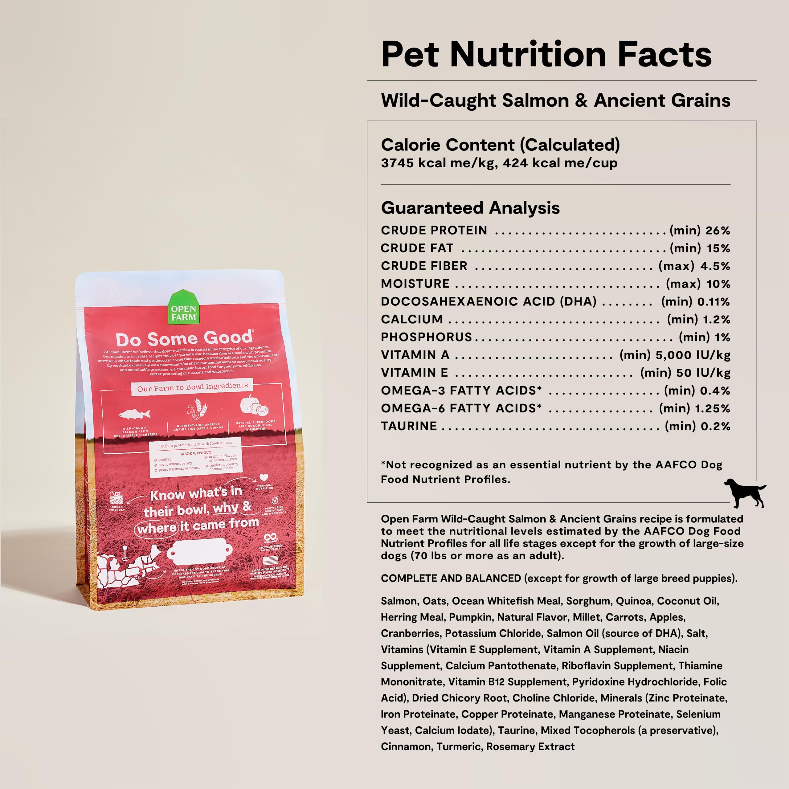 Open Farm, Ancient Grains Dry Dog Food, Protein-Rich & Nutrient Dense, 90% Animal Protein Mixed with Non-GMO Fruits, Veggies and Superfoods, Wild Caught Salmon Recipe, 22lb Bag
