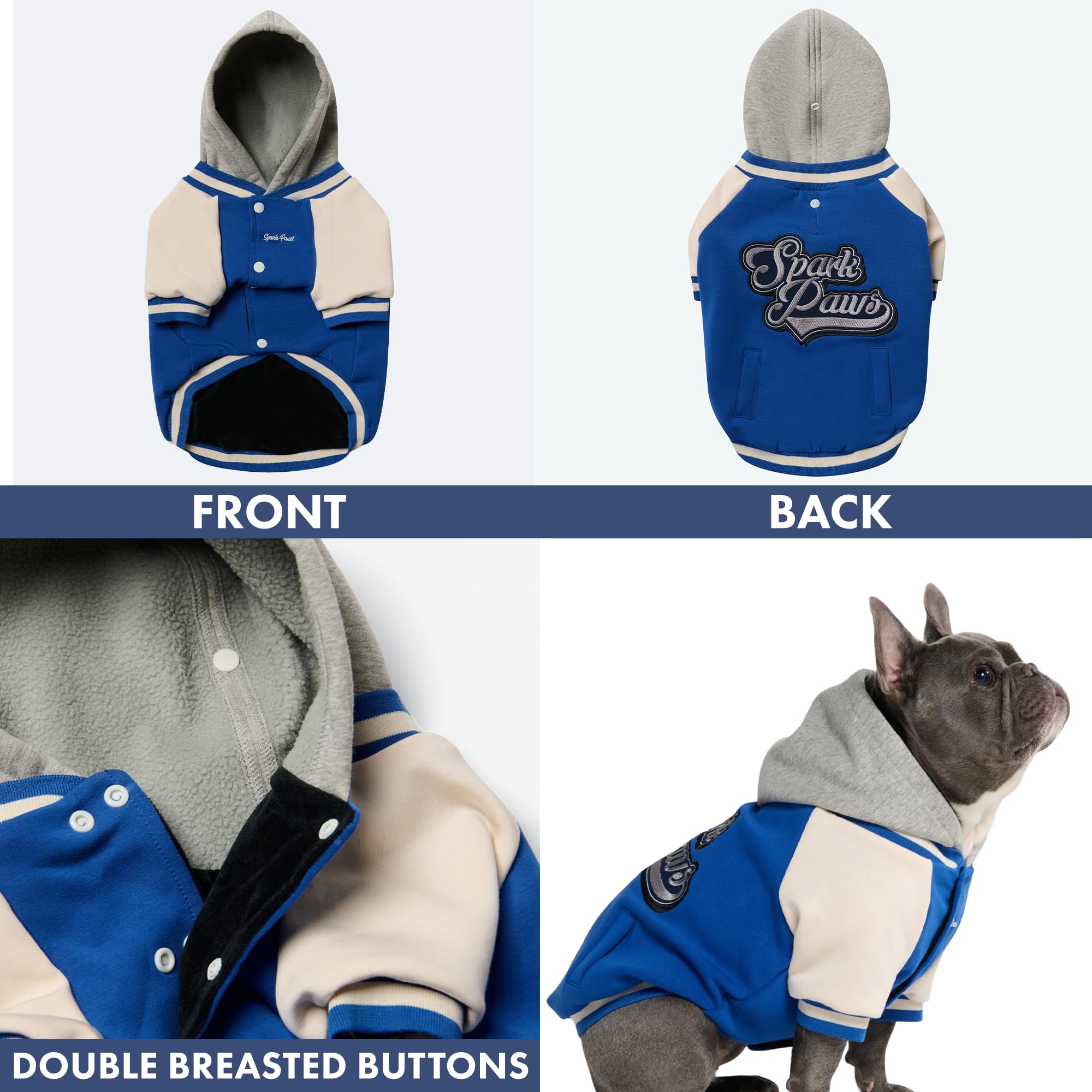Spark Paws Varsity Dog Hoodie – Premium Dog Sweater for Small, Medium, and Large Dogs | Warm Clothes for Pets, Winter Jacket Alternative - Blue - XL