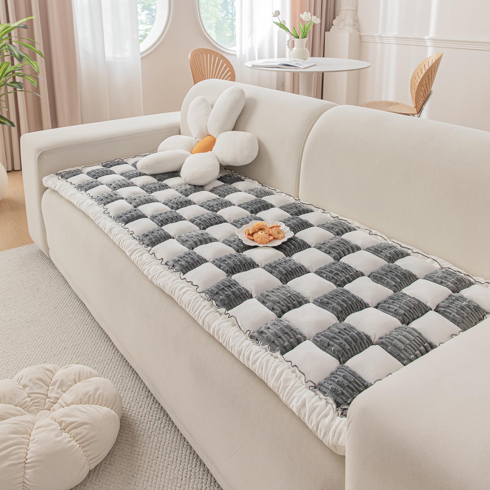 DREAMINGO Couch Cover for Dogs Washable, Funny Fuzzy Pet Sofa Covers Non Slip, Modern Checkered Dog Bed Mat, Thick Soft Couch Cushion Protector for 3 Seat Sofa, Grey, 27.6"x70.9"