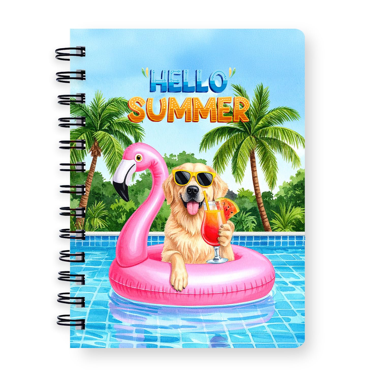 Ninety3POD Hello Summer Great Pyrenees at Swimming Pool Flamingo Swim Ring Spiral Bound Journal Pyr Dog Lover 5x7in Spiral Notebook 12009
