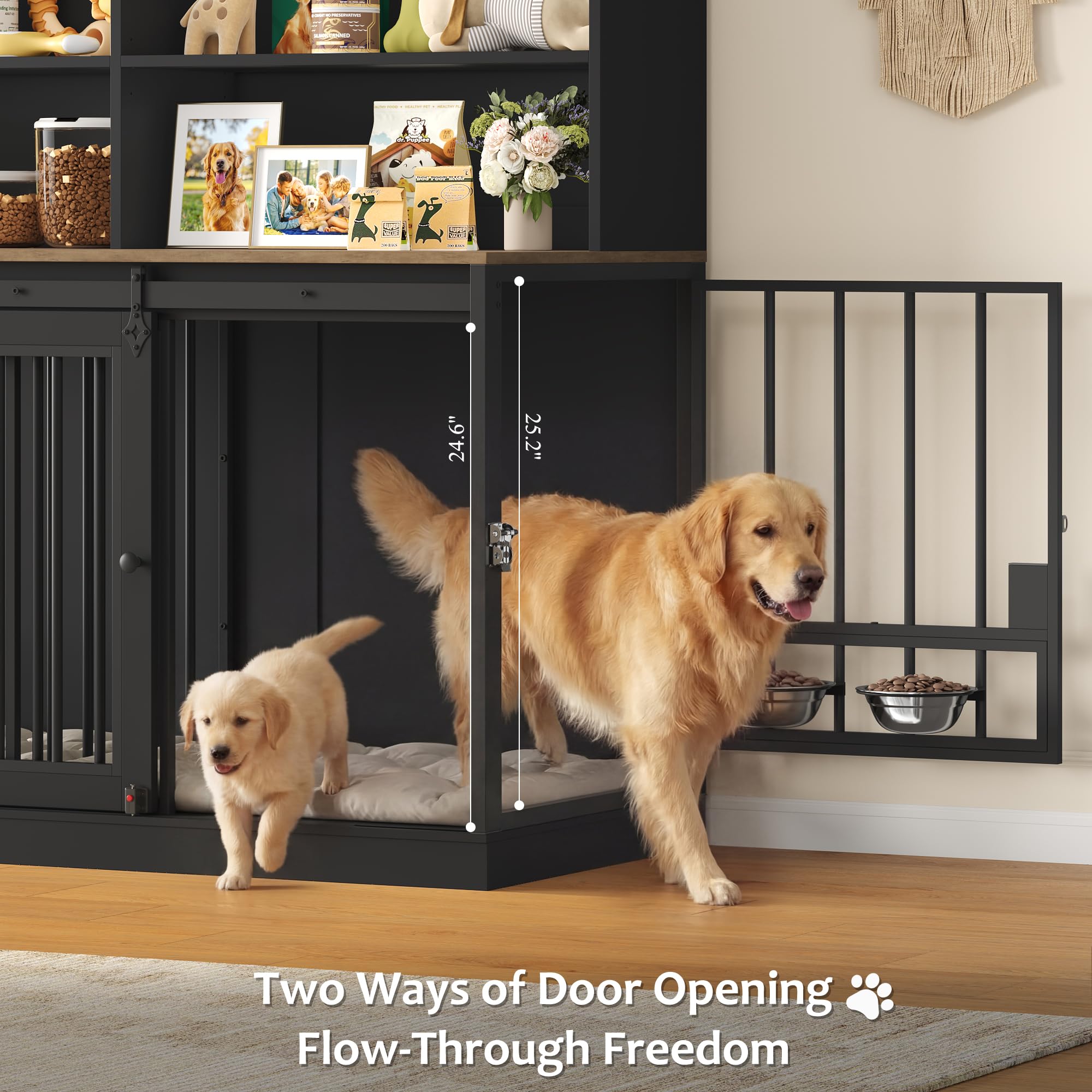 HOSTACK 71" Tall Dog Crate Furniture, 55" W Dog Kennel with Storage Hutch, XL Dog Crate for 2 Dogs with Feeding Bowls, Indoor Heavy Duty Dog Cage with Removable Room Divider, Wooden Pet House, Black