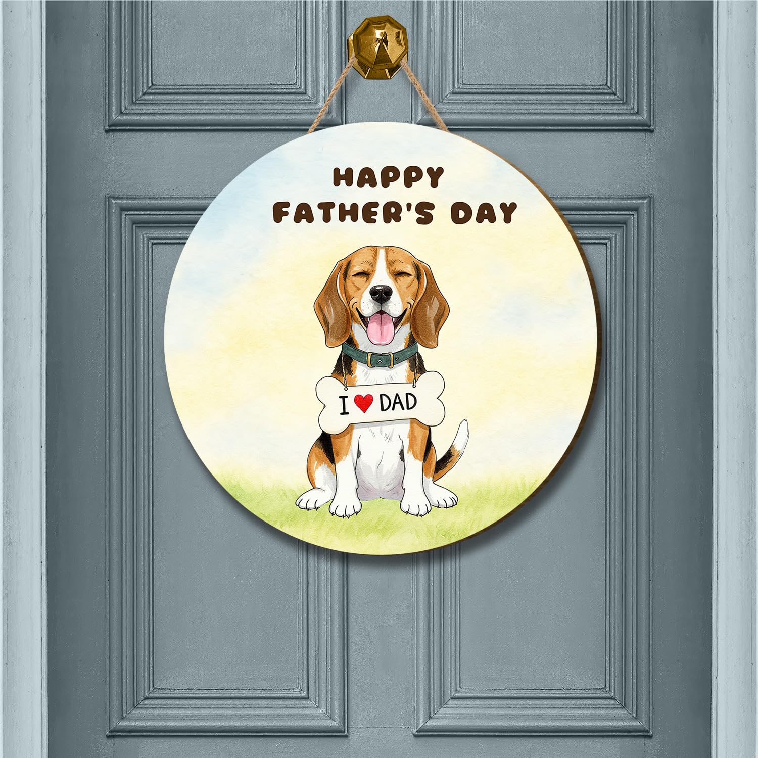 Cute Beagle Loves Dad Happy Father's Day Round Wood Sign Beagles Dog Lover Gifts Idea Hanging Wall Home Decor 12008