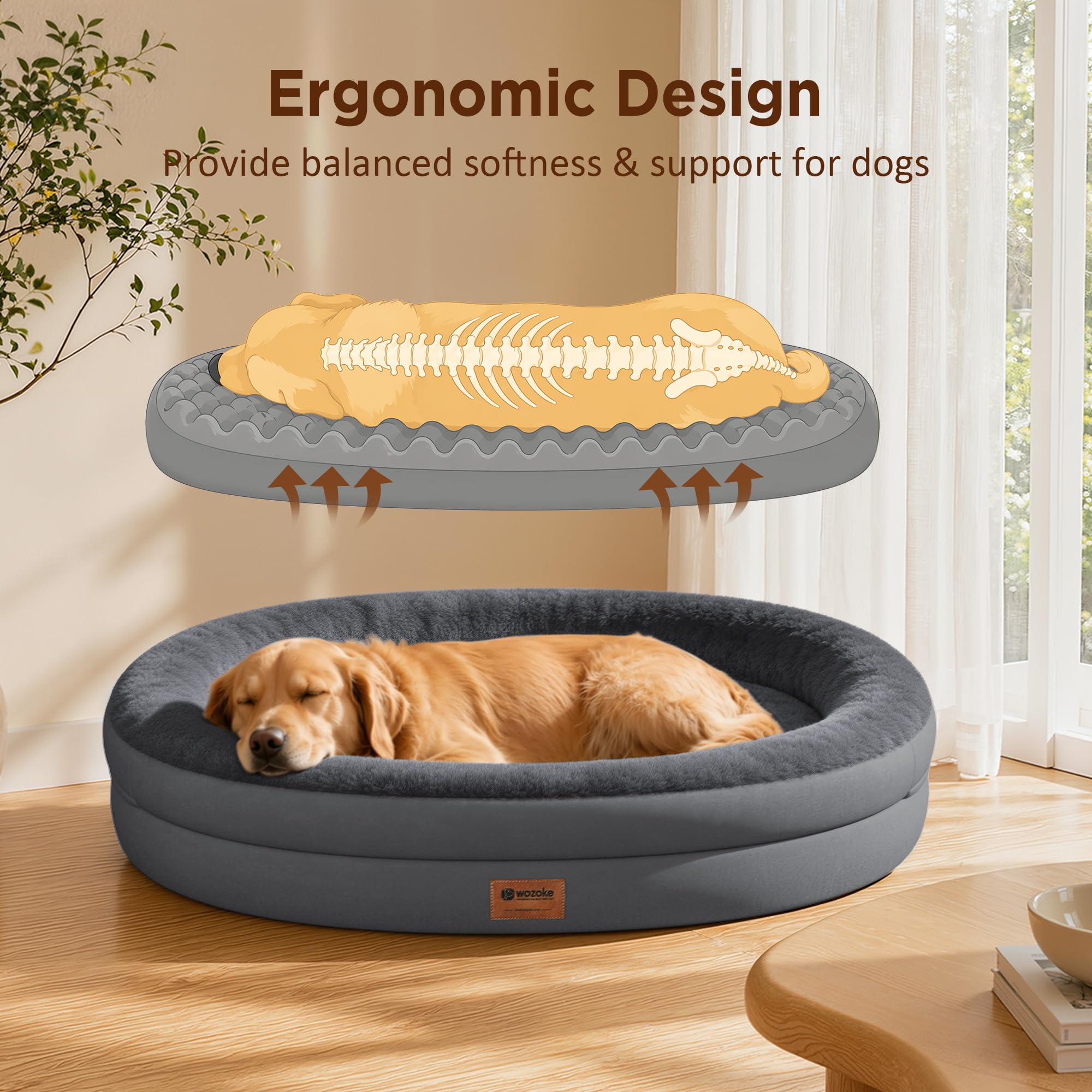 WOZOKE Orthopedic Dog Bed for Large Dogs, Waterproof Dog Bed for Large Size Dogs with Bolsters, Egg Crate Foam Sofa Bed with Washable Removable Cover & Non-Slip Bottom, Dark Grey