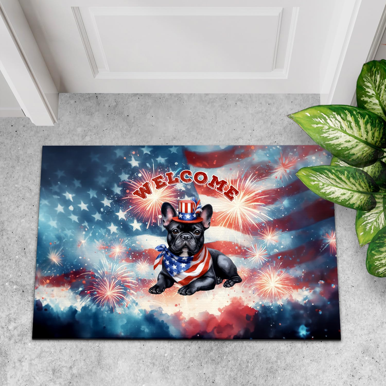 Ninety3POD French Bulldog Patriotic Welcome for 4Th of July Independence Day Doormat Dog Lover Gifts Indoor Outdoor Welcome Mat - 00010