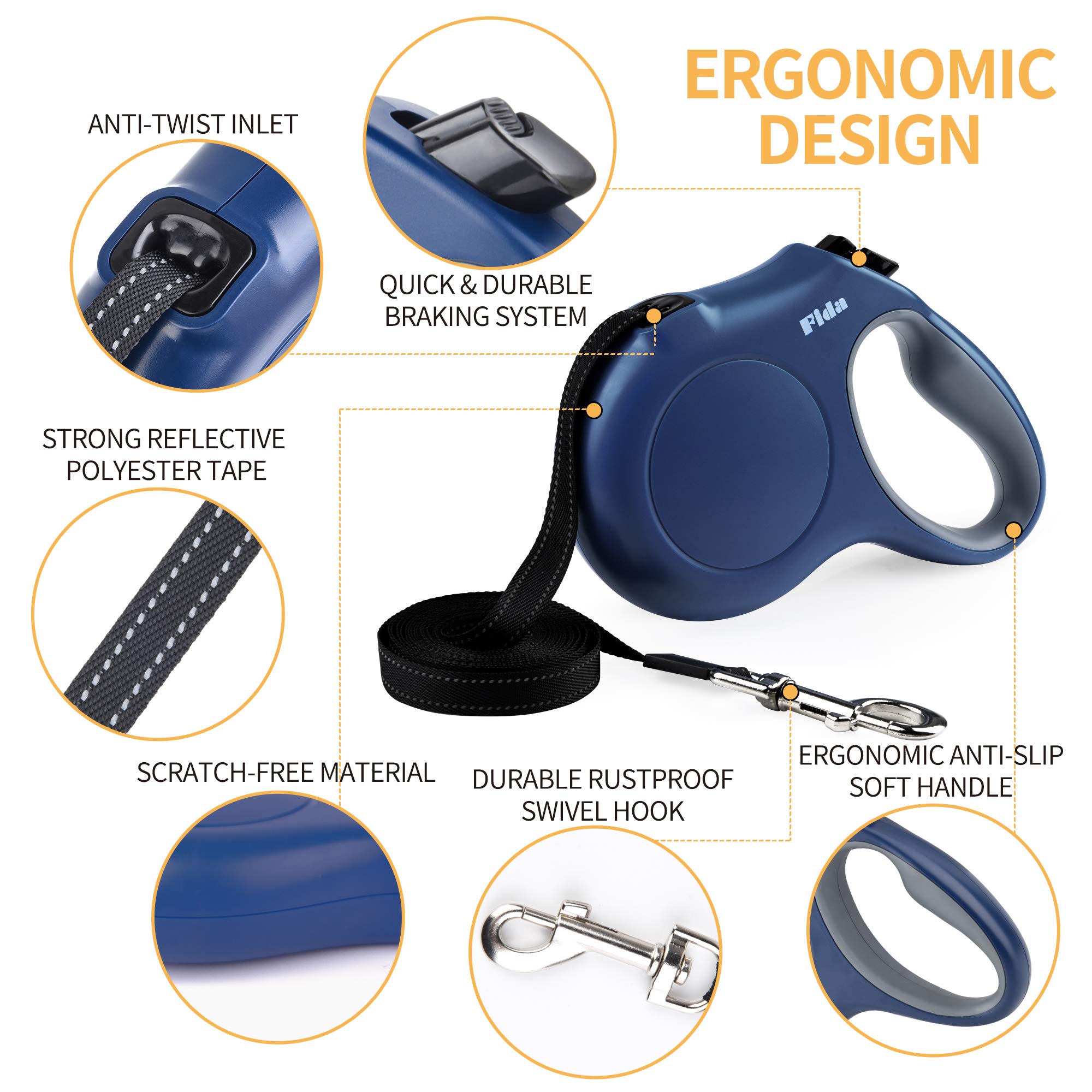 Fida Retractable Dog Leash with Dispenser and Poop Bags, 16 ft Pet Walking Leash for Small Dog or Cat up to 26 lbs, Anti-Slip Handle, Tangle-Free, Reflective Nylon Tape (S, Navy Blue)