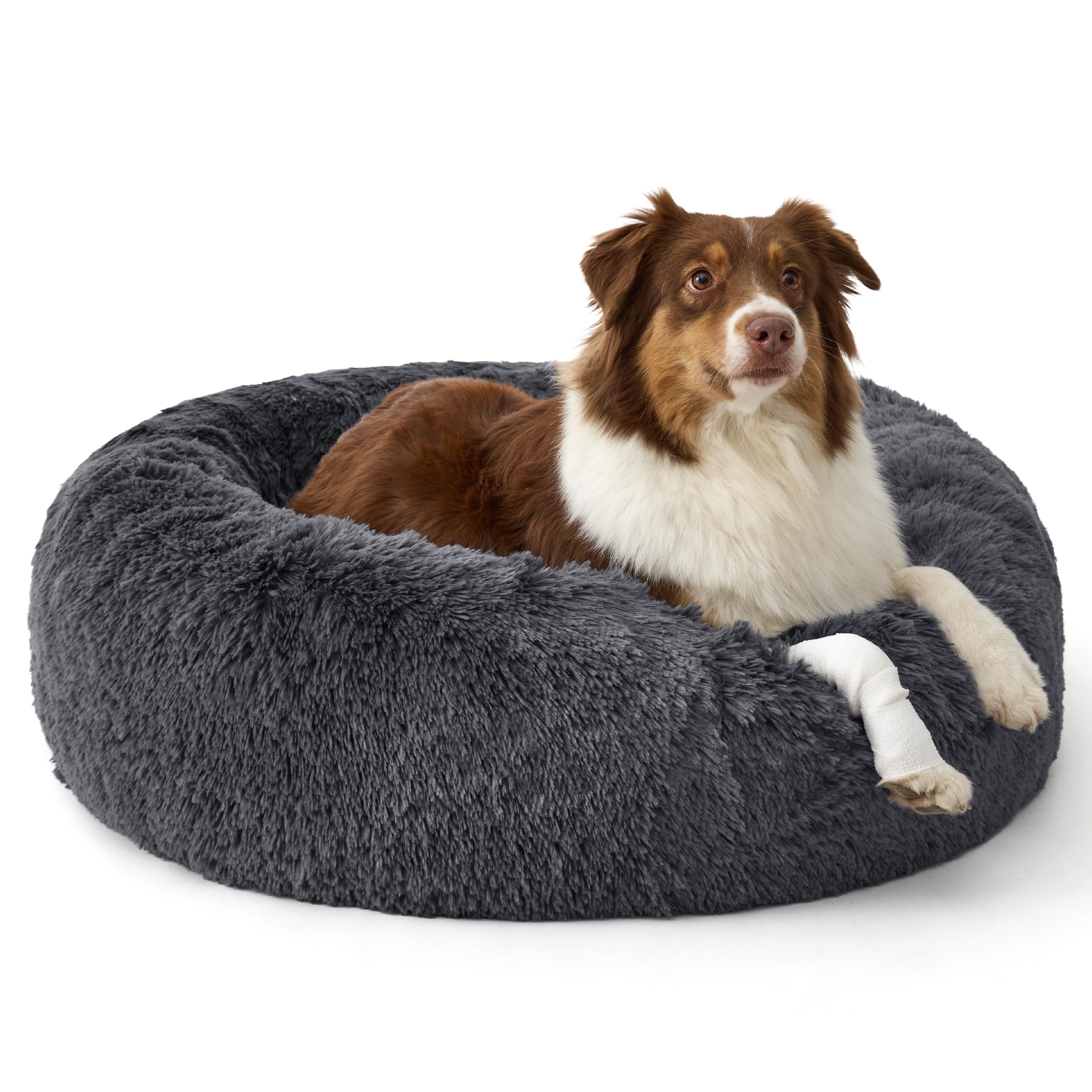 Bedsure SupportMax™ Calming Dog Beds Large Sized Dog - 36in Donut Washable Large Pet Bed,Anti-Slip ＆Removable Cover,420GSM Round Anti-Anxiety Fluffy Plush Faux Fur Bed, Fits up to 80 lbs Pets