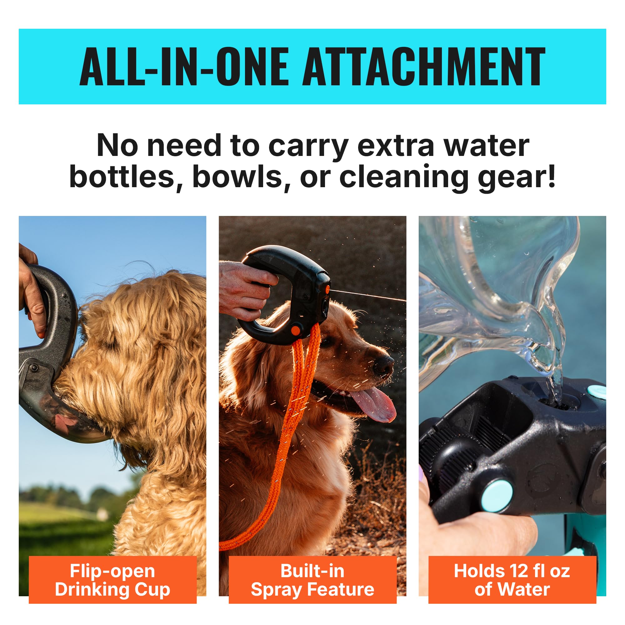 Portable Dog Water Bottle with Flip-Open Cup & Squirt Feature Without Leash – Leakproof Water Dispenser Attaches to Leash – Travel Bowl for Dogs for Hikes, Walks, Outdoor Use – 12 oz