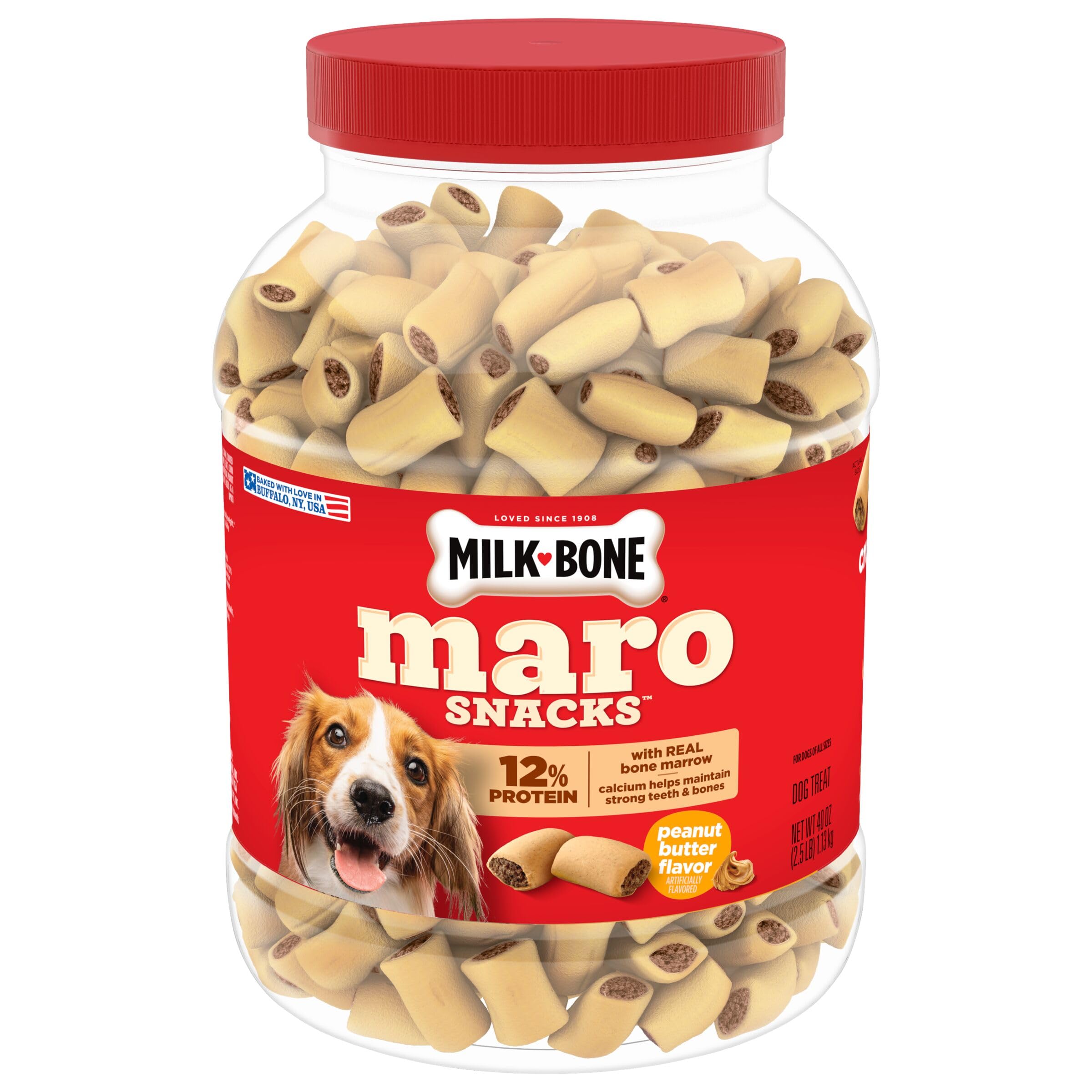 Milk-Bone MaroSnacks Peanut Butter Flavor (Artificially Flavored) Dog Treats with Real Bone Marrow, 40 Oz. Canister