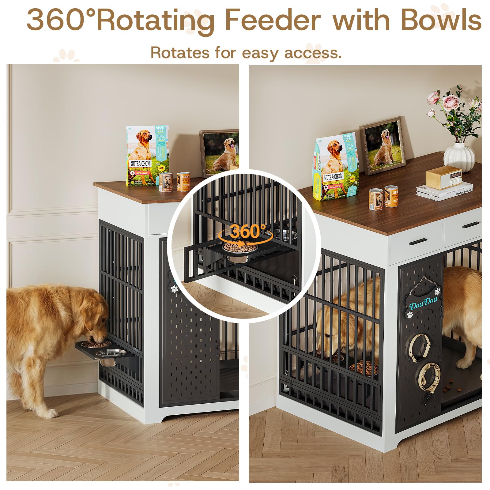 HOTAMO 45" Dog Crate Furniture for Large Dogs, Heavy Duty Wooden Indoor Dog Kennel with 360° Rotating Bowls, 3 Drawers, Name Plate, Pull-Out Tray, Farmhouse End Table, White & Walnut