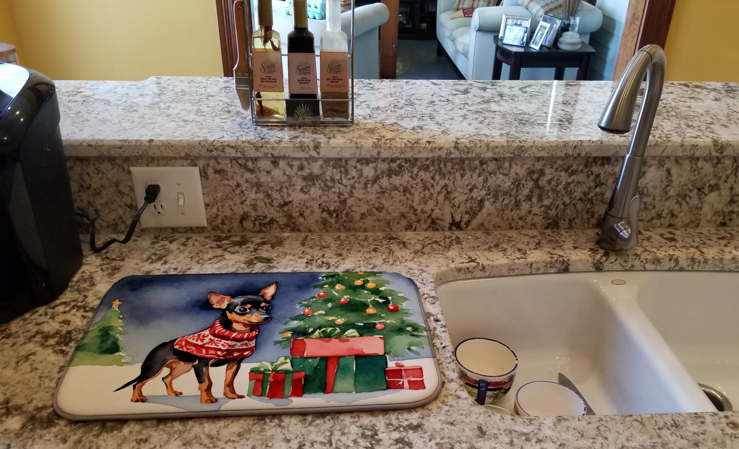 Caroline's Treasures DAC2706DDM Miniature Pinscher Cozy Christmas Dish Drying Mat Absorbent Dish Drying Mat Pad for Kitchen Counter Dish Drainer Mat for Countertop, 14 x 21", Multicolor