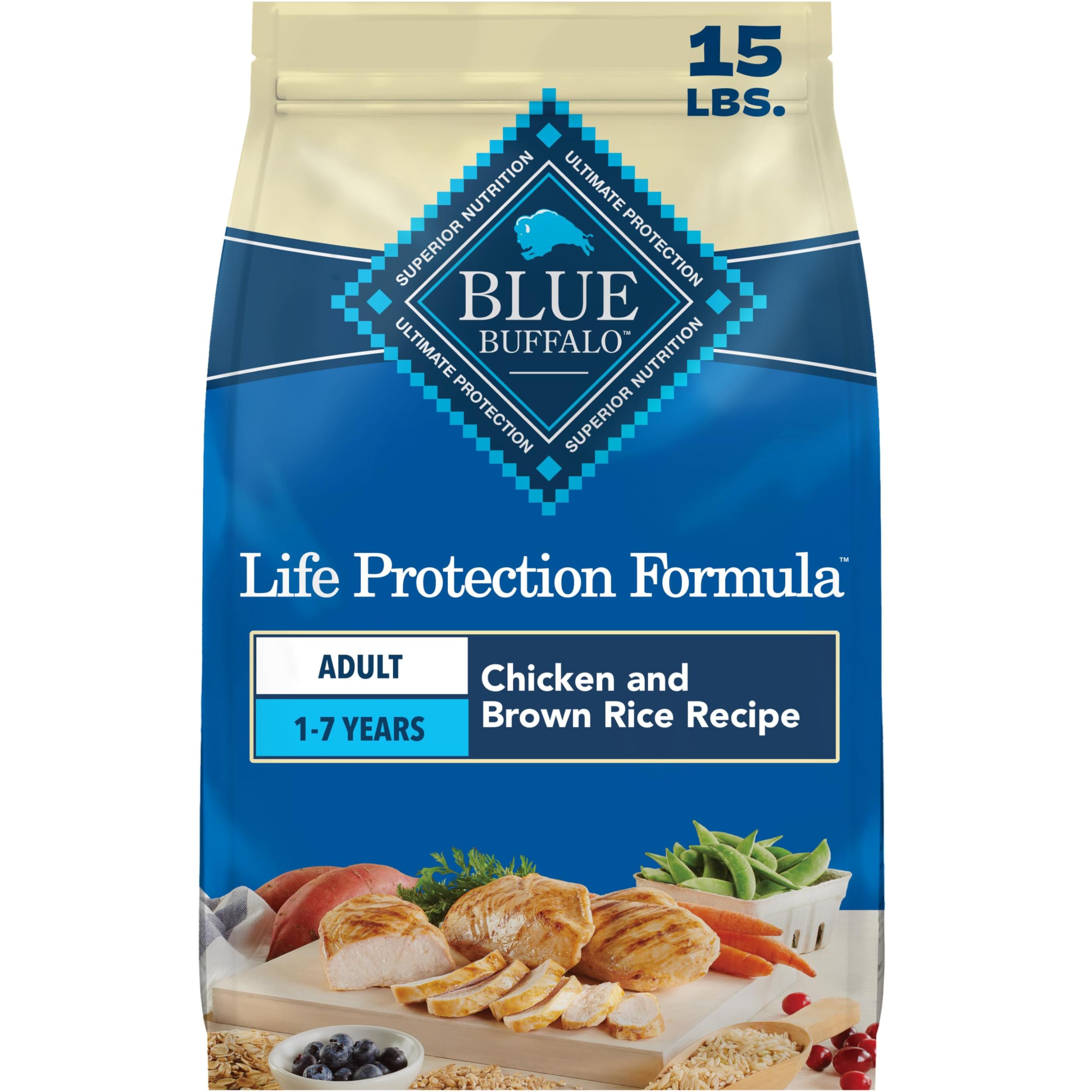Blue Buffalo Life Protection Formula Chicken & Brown Rice Adult Dry Dog Food, Supports Immunity with Antioxidant-Rich LifeSource Bits, Promotes Healthy Muscle Development, Skin & Coat Health, 15 lbs.