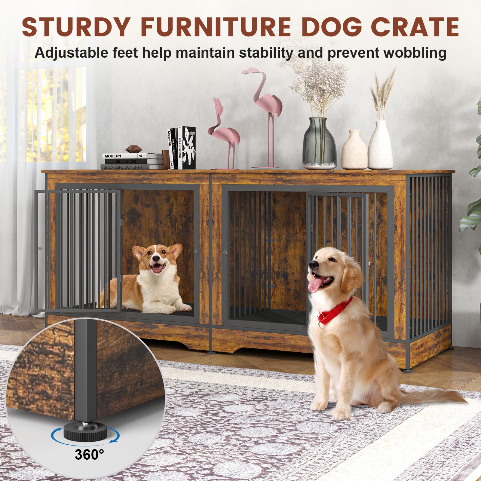 Yafylly 3-in-1 Double Dog Crate Furniture, 66.1 Inch White Furniture Kennel for Large Dogs with Divider, Dog Kennel Dog Crates TV Stand with 2 Drawers and Sliding Doors