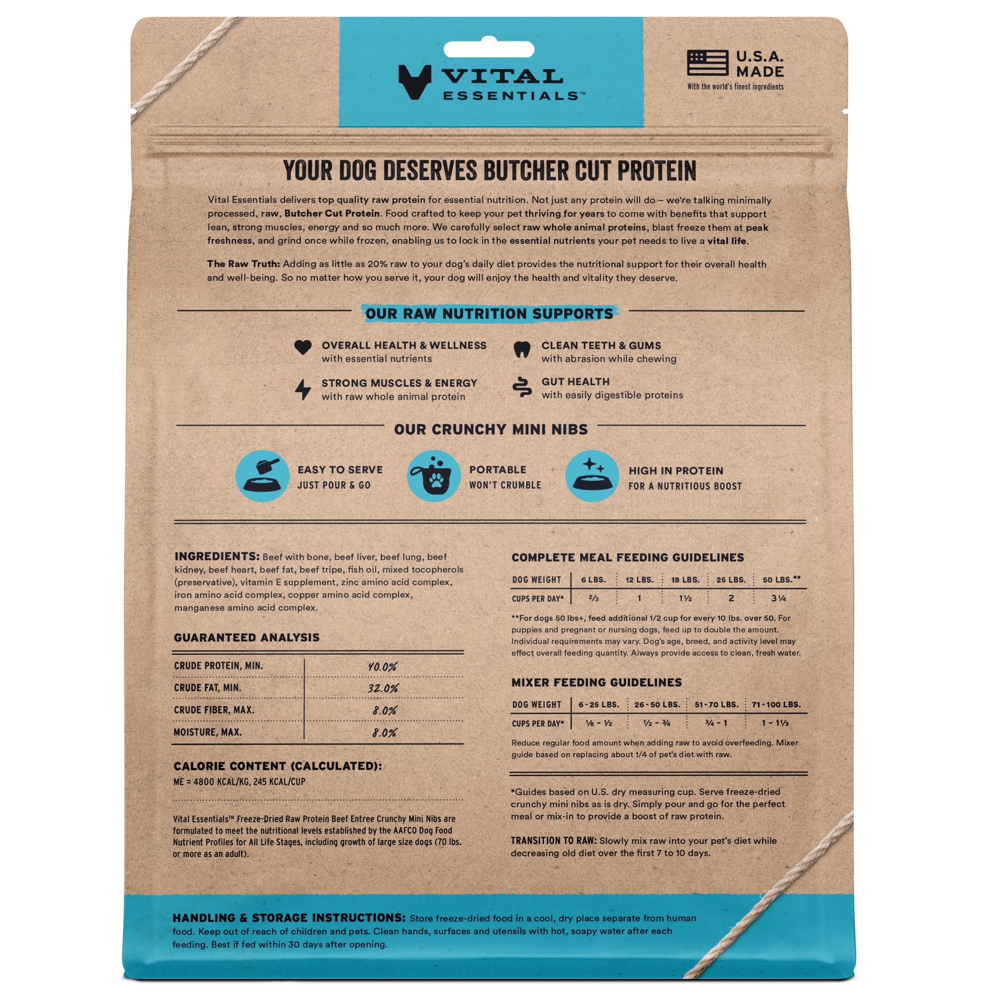 Vital Essentials Freeze Dried Dog Food, Raw Beef Crunchy Mini Nibs | Complete Meal or Topper | 96% Beef, Organs & Bone | Limited Ingredient, High Protein, Grain Free Dry Dog Food | 25 oz Bag
