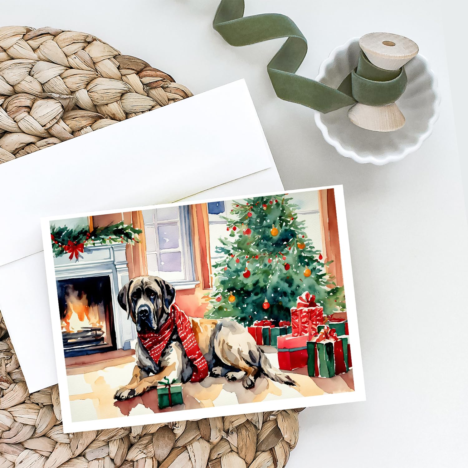 Caroline's Treasures DAC2703GCA7P Mastiff Cozy Christmas Greeting Cards Pack of 8 Blank Cards with Envelopes Whimsical A7 Size 5x7 Blank Note Cards