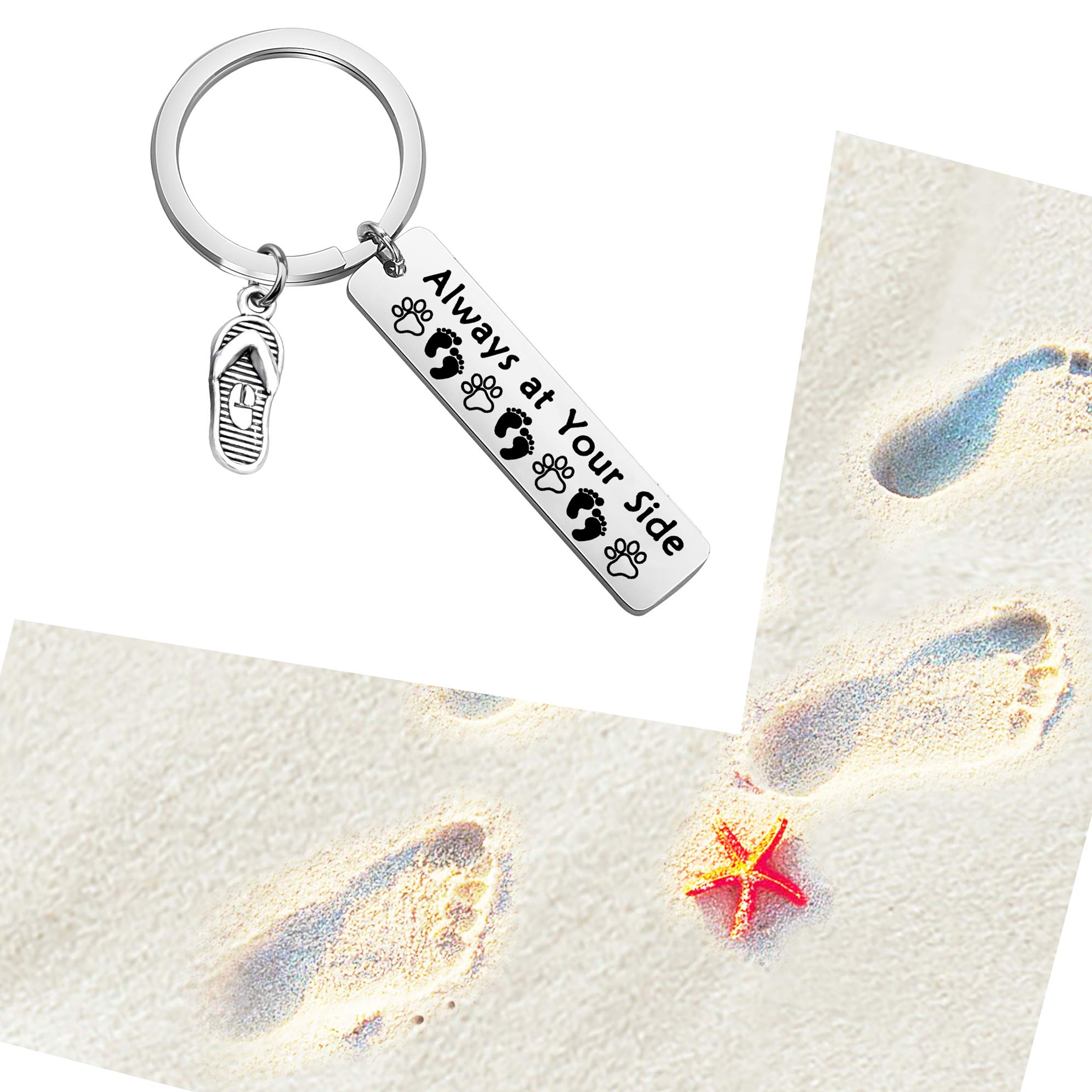 BEKECH Beach Lover Gift Dog Lover Gift Always at Your Side Paw Print Flip Flop Shoes Charm Keychain Sandy Feet Beach Jewelry Vacation Gift for Dog Lover(silver)