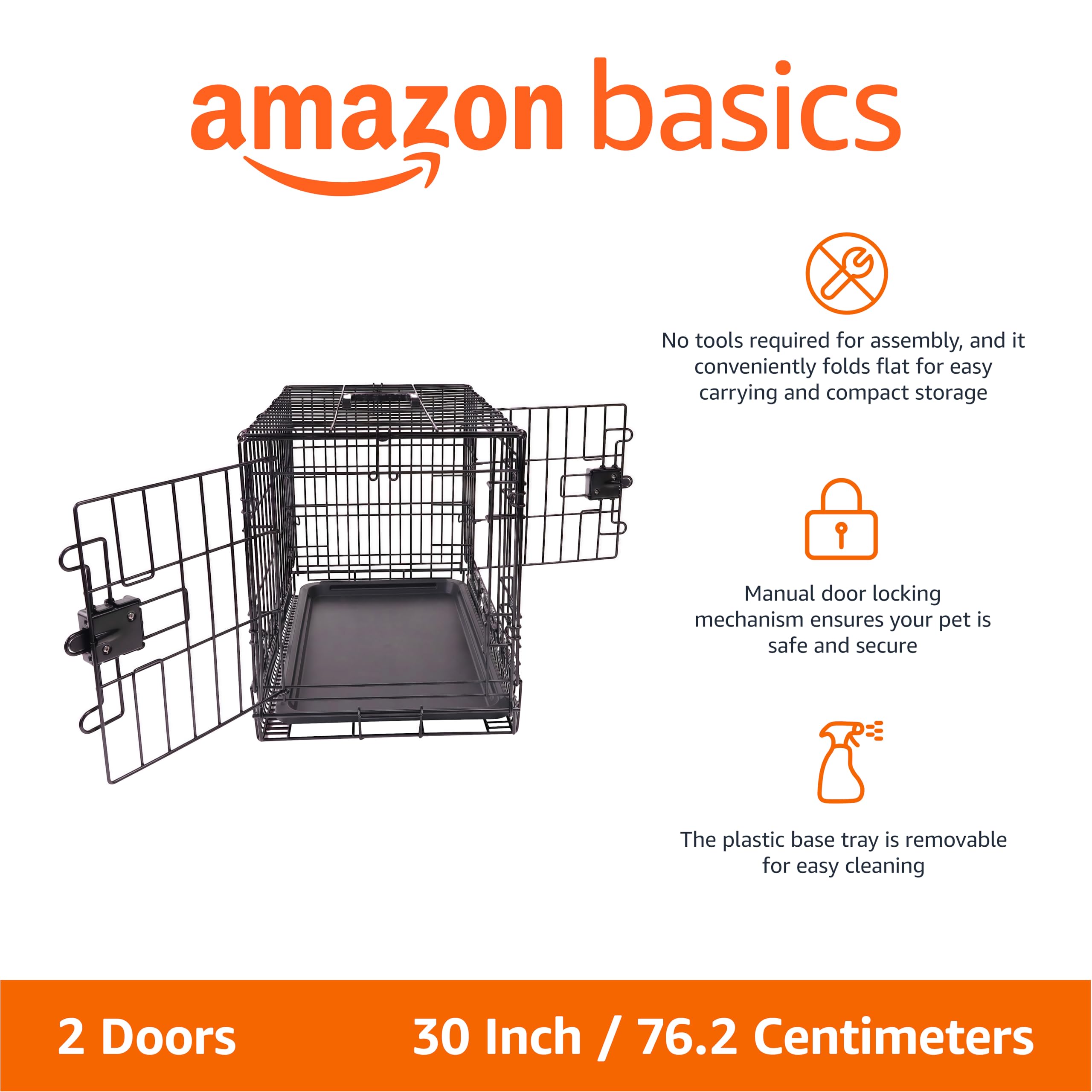 Amazon Basics Portable, Foldable Metal Wire Dog Crate with Removable Tray, Double Door, Divider Panel, Easy to Assemble, 30 x 19 x 21 in, Black