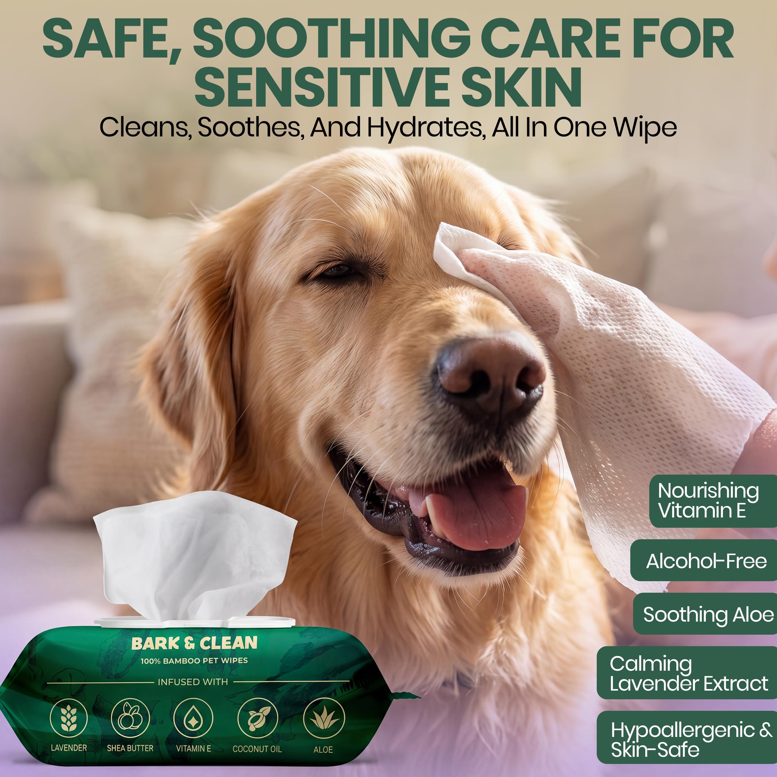 Bark & Clean 440 Dog Wipes for Cleaning and Deodorizing - 4 Pack of 110 8.5" x 9" Bamboo Pet Wipes - Compostable, Hypoallergenic Puppy Wipes - Dog Wipes for Paws, Butt, and Body