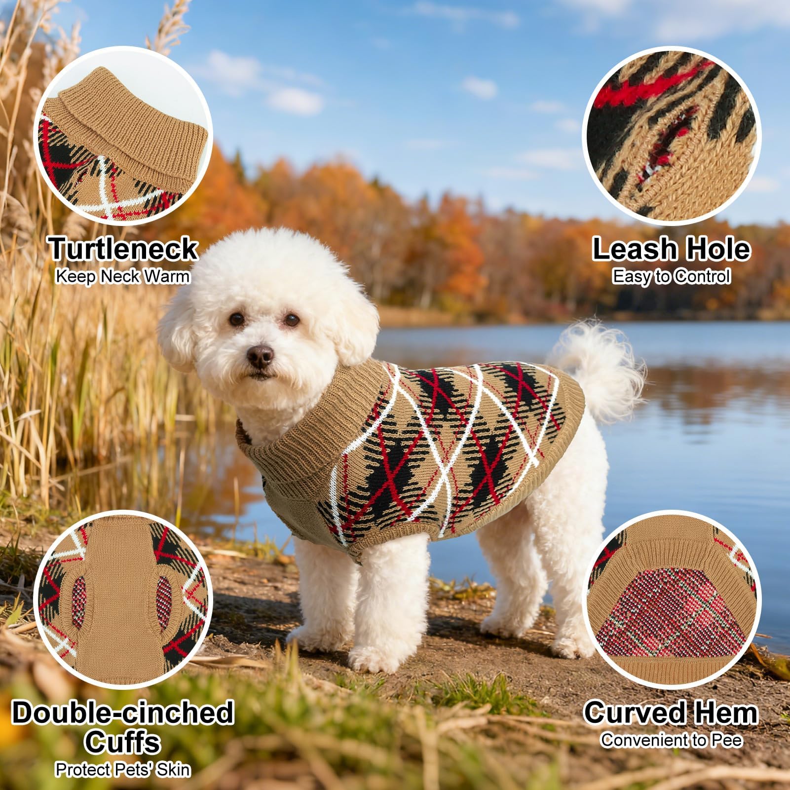 BEAUTYZOO Dog Sweater for Large Dogs, Fleece Dog Knitted Pullover Sweater for Girls Boys, Fall Winter Warm Soft Turtleneck Puppy Clothes Apparel, Cold Weather Knitwear with Leash Hole, Beige L