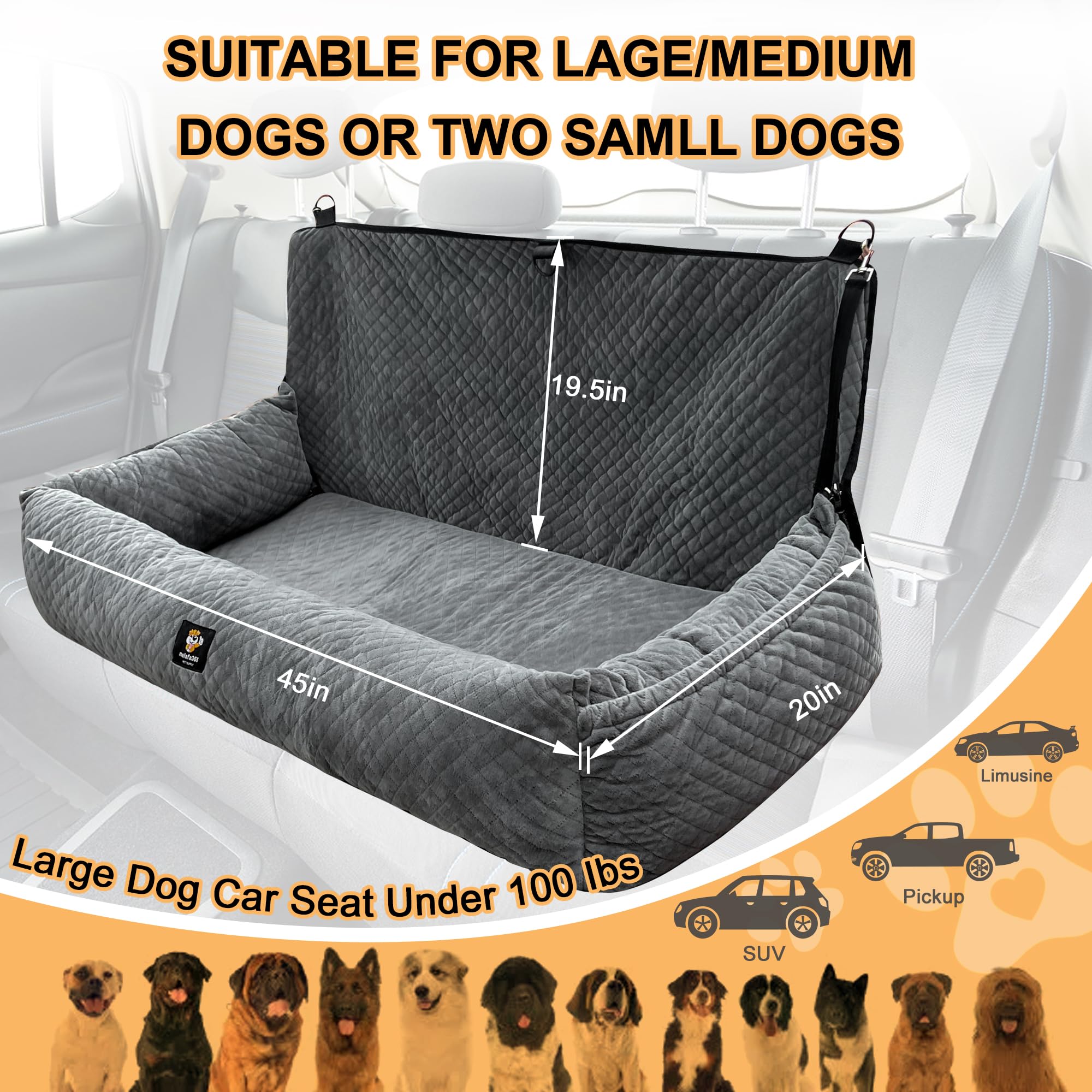 Large Dog Car Seat Under 100LBS,Dog Car Bed with Safety Tethers/Storage Pocket,Only for Back Seat-Gray