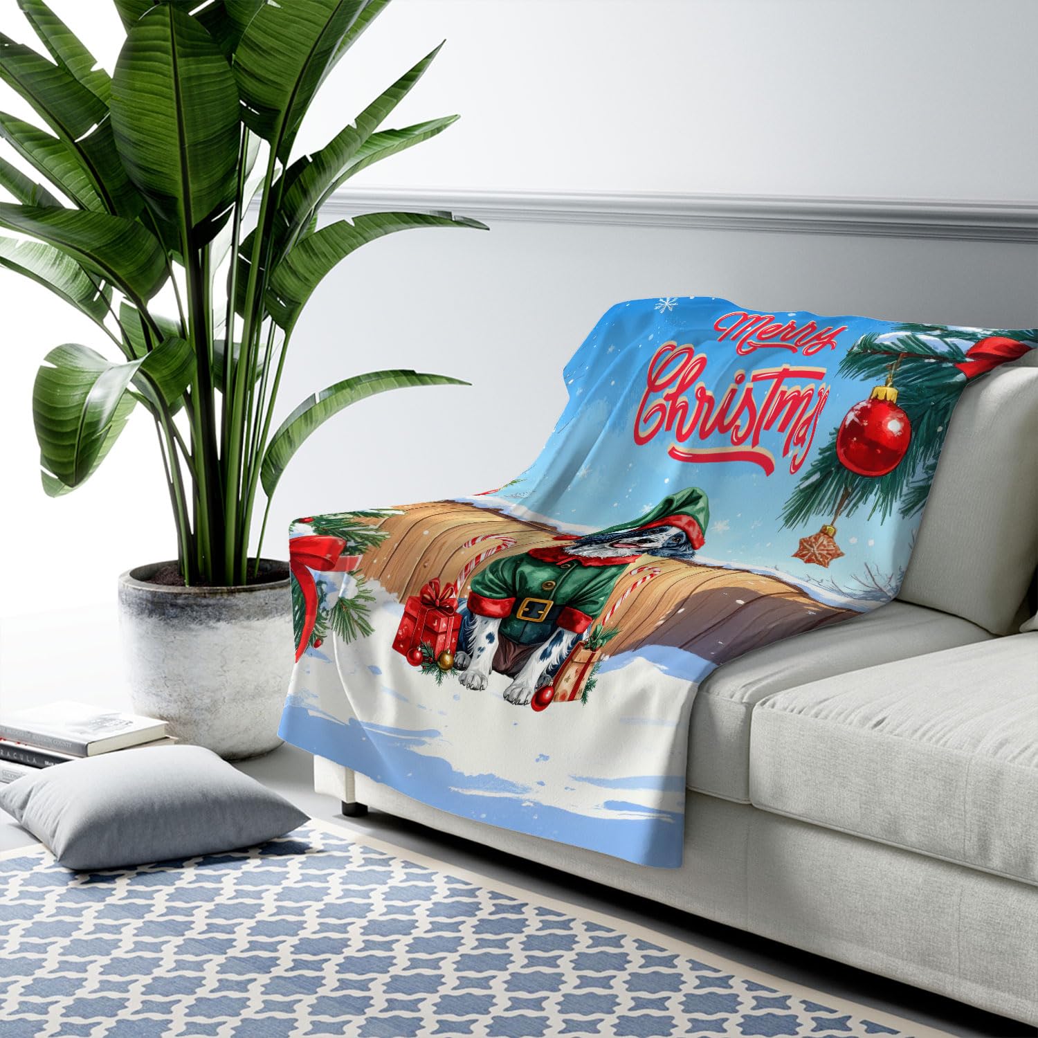 Merry Christmas Woofmas Xmas Noel English Setter Elf Candy Cane Snow Cozy Fleece Sherpa Blanket Dog Lover Warm Soft Throw Blanket 13017