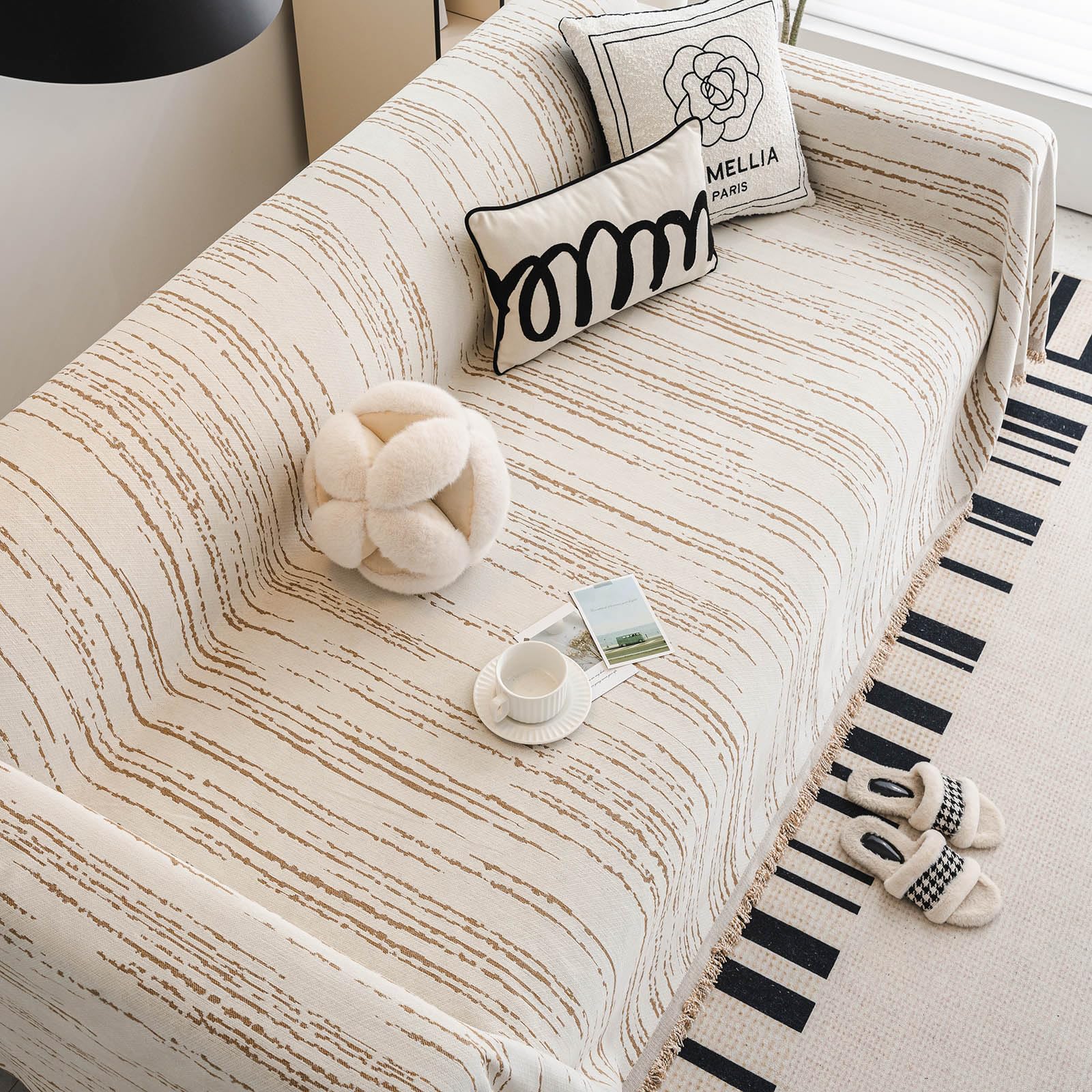 DREAMINGO Sofa Slipcover Washable Couch Cover for Dogs Striped Jacquard Chenille Modern Pet Dog Furniture Protector Covers for 3 Seater Sofa Sectional L Shape Couch, Beige Coffee, 71"x150"