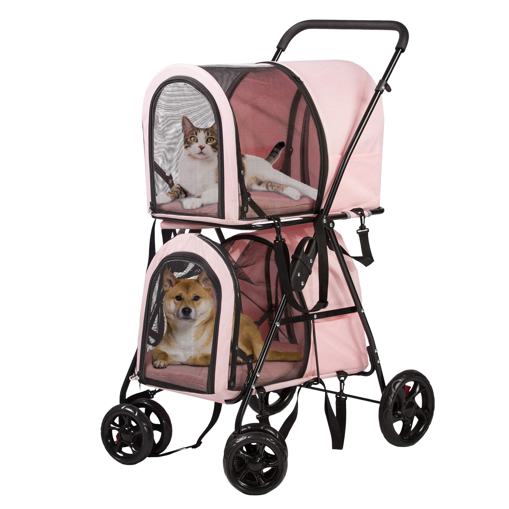 LONABR Folding Dog Stroller 3-in-1 Double Pet Stroller Detachable Carrier Bags - Large 4 Wheels Jogger - for Pet Cat Kitten Puppy Carriages(Pink - 2 cage)