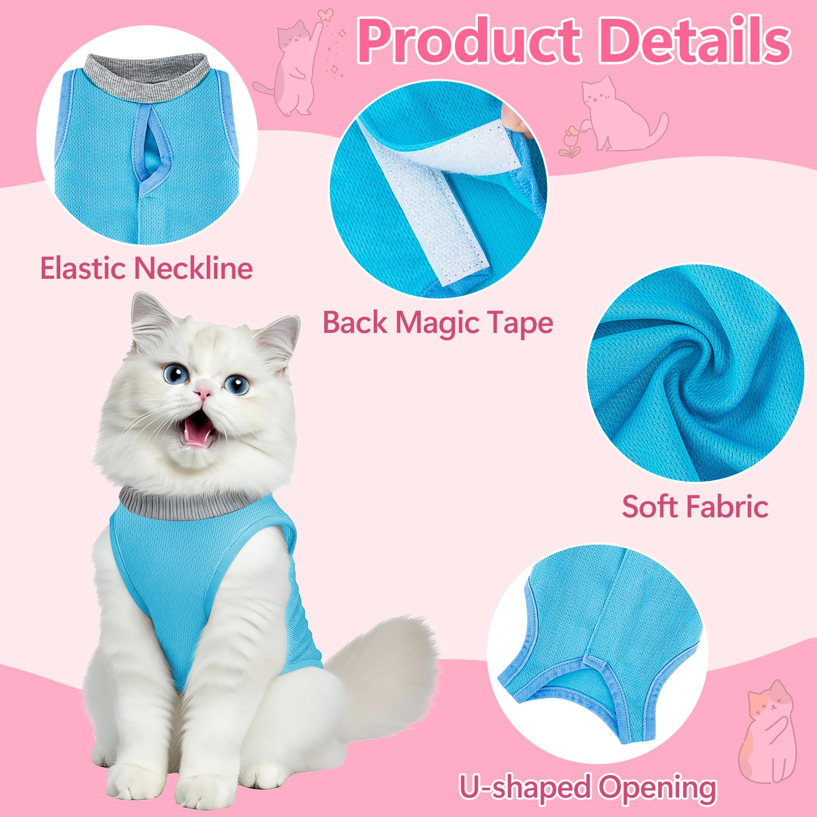 Coppthinktu Cat Recovery Suit Cat Onesie After Surgery, Breathable Cat Surgery Suit for Female Spay/Neuter, Kitten Surgical Recovery Body Suit Cone Alternative for Abdominal Wounds Blue Meidium