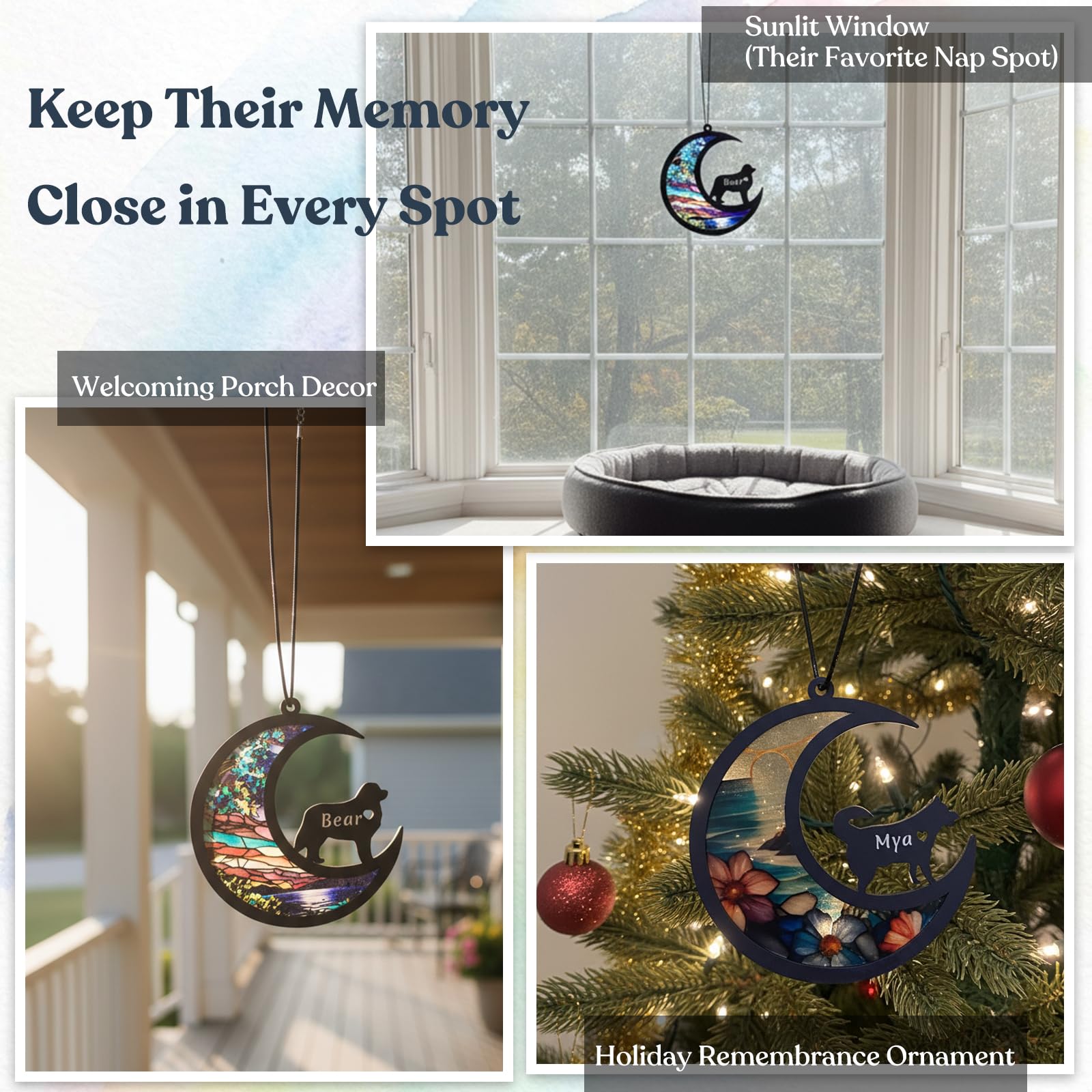 BOXTOHEART Personalized Dog Memorial Suncatcher, Custom Pet Breeds Suncatcher with Name Date, Pet Loss Suncatcher, Stained Glass Style Light Catcher, Dog Memorials & funerary, Gifts for Pet Loss