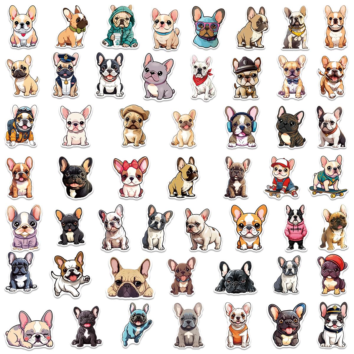 French Bulldog Stickers 50-Pack, Waterproof Vinyl Graffiti Decals for Laptop, Suitcase, Water Bottle, Journal, Locker - Cartoon Dog Stickers for DIY Decor