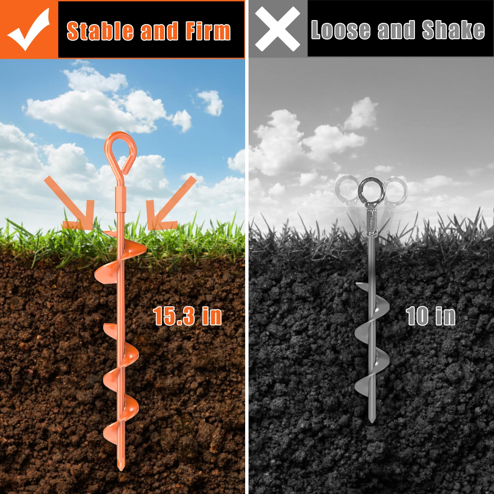 15 Inch Ground Anchors Screw in, 6 Pack Heavy Duty Earth Anchors with T Handle Hex Wrench and Power Nut Driver, Metal Trampoline Stakes Spiral Anchor Kit for Tent, Shed, Swing Set, Car Port, Canopy