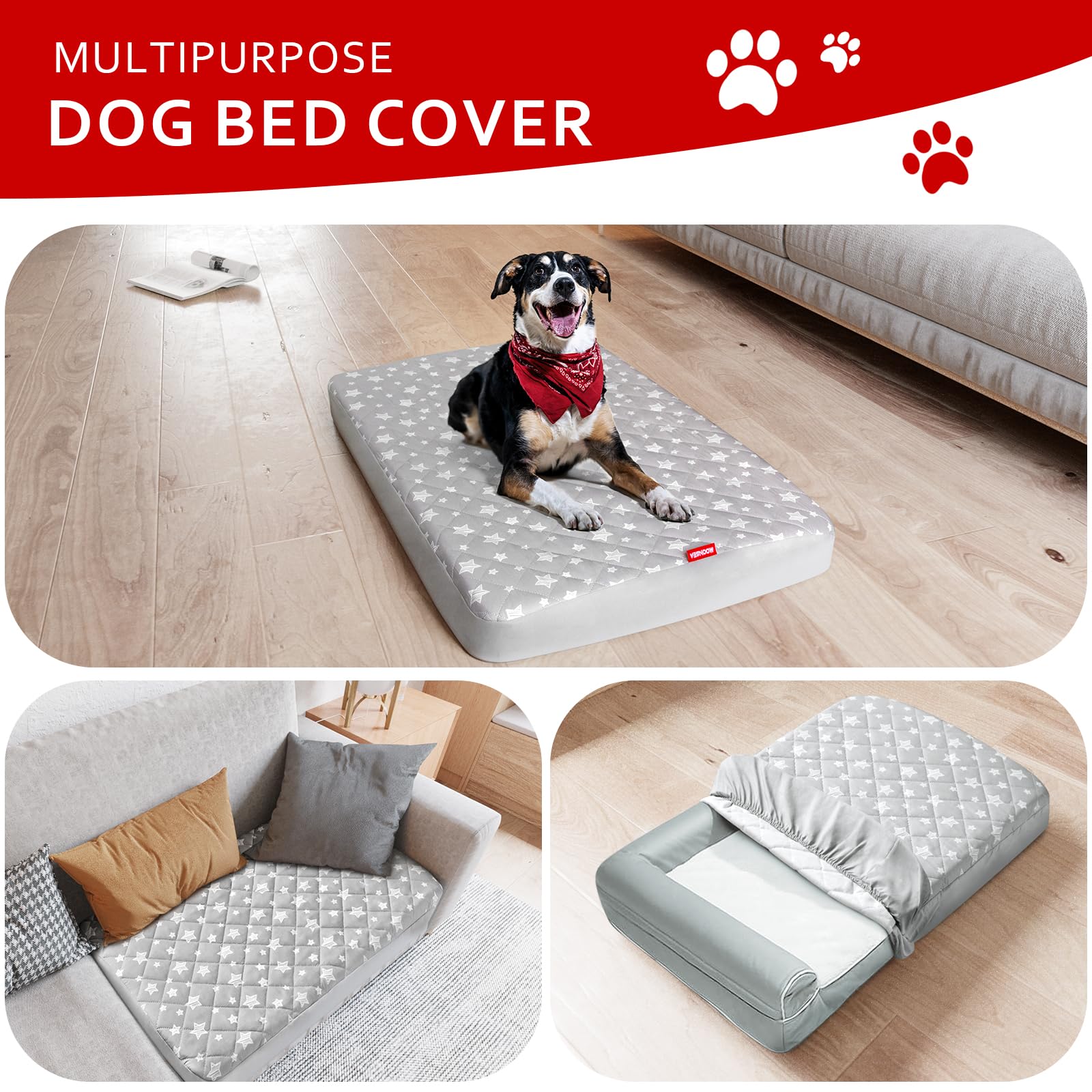 Waterproof Dog Bed Covers Replacement Washable Pet Hair Easy to Remove, Noiseless Quilted Puppy Pet Bed Cover Lovely Grey Star Print 29x41 Inches, for Dog/Cat, Cover Only