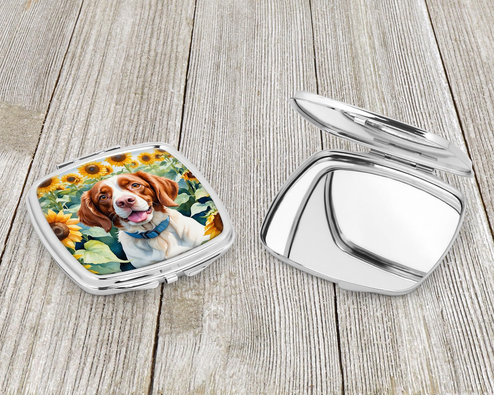 Caroline's Treasures Brittany Spaniel in Sunflowers Compact Mirror Decorative Travel Makeup Mirror for Women Girls Gifts Pocket Makeup Mirror Folding Handheld